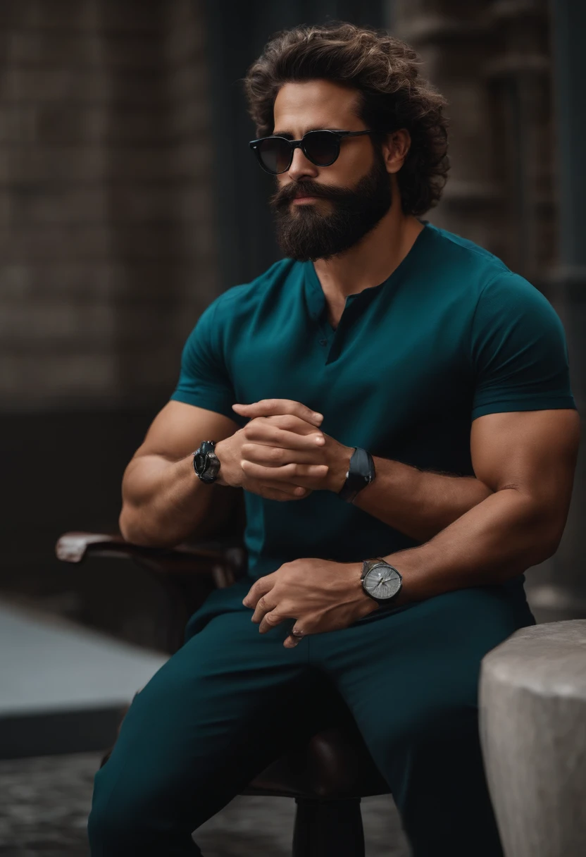 Homem com, cabelo preto cortado baixo, olhos azuis, traje esporte fino, bespectacled, barba