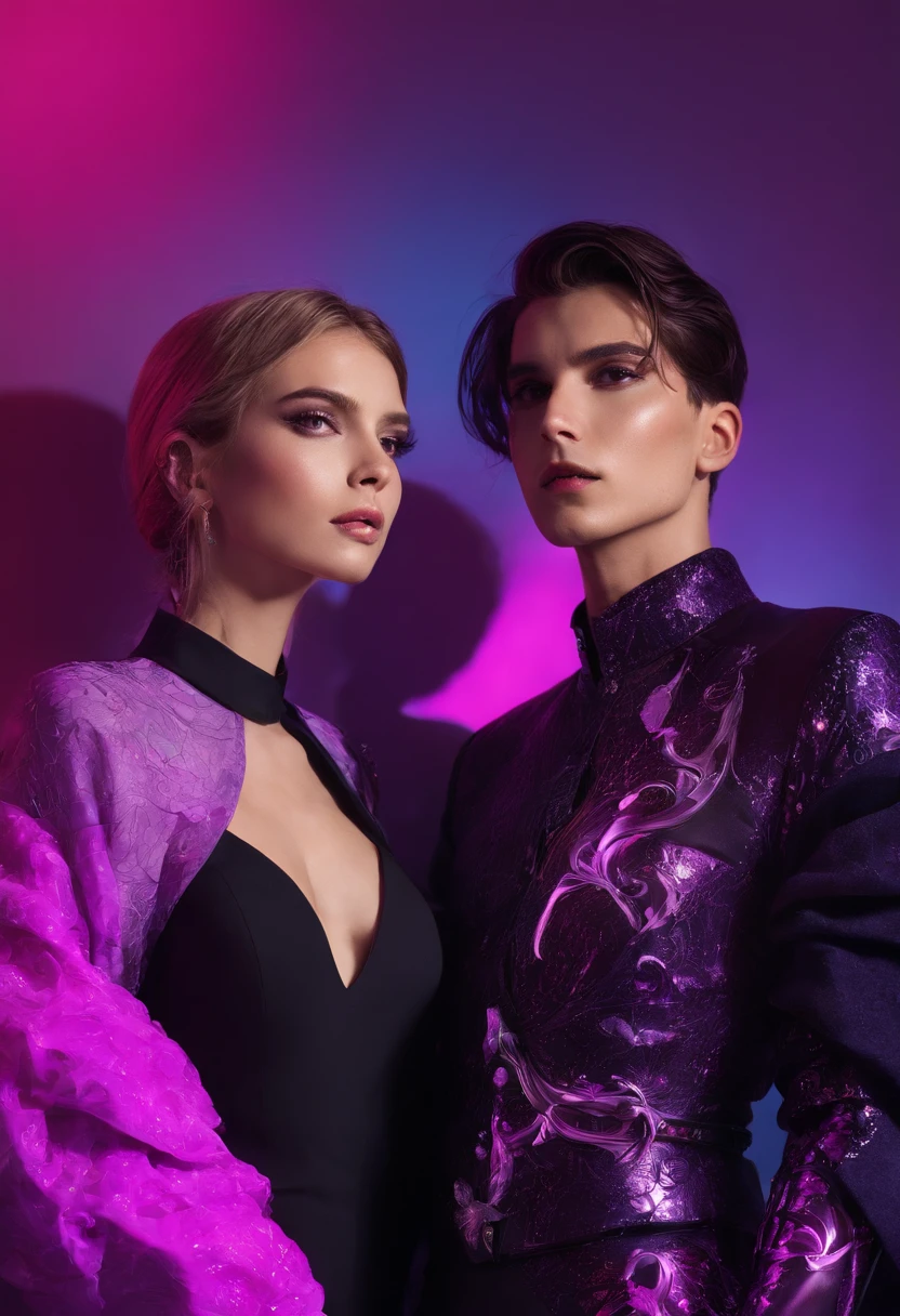 Casal com fantasia de lobo , fundo neon roxa com preto , com luz roxa, magia e fogo, corpos perfeitos  sexys,