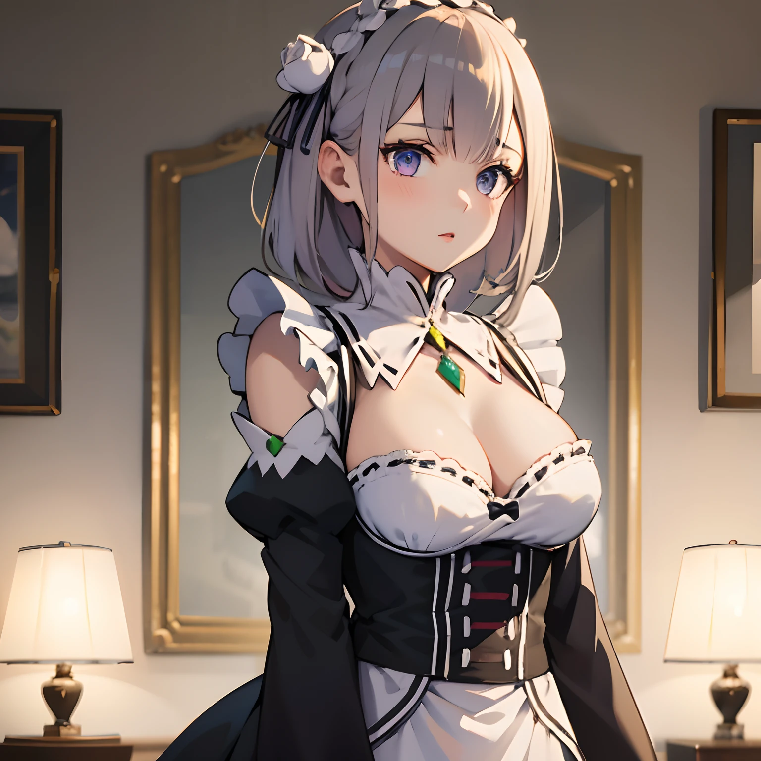 beautiful, masterpiece, best quality, extremely detailed face, perfect lighting, roswaal mansion maid uniform, 1girl, emilia, cleavage, breasts, cowboy shot