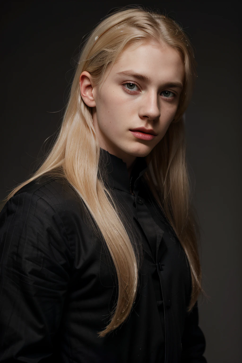Hyper realistic, (22 year old, 1male, professional portrait, dramatic lighting, pale skin), 18th century black tunic, unique face, ((8k quality, RAW image)), (blond hair, pale eyes, medium length hair), ((skinny nose, thin lips))