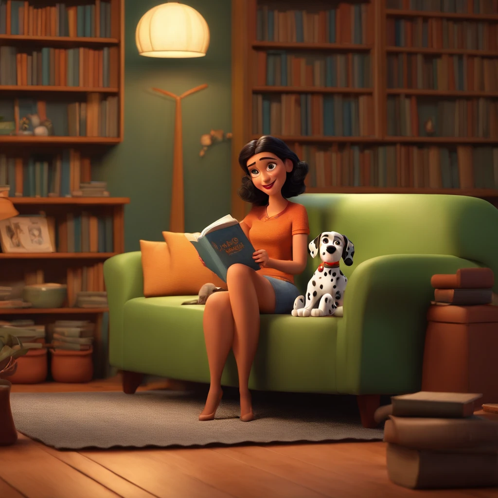 pixar desenhos animados 3D, estilo pixar cartoonton, em uma biblioteca, dentro de casa, uma mulher de cabelos pretos lisos e compridos, Reads a book sitting on the couch with her Dalmatian by her side.