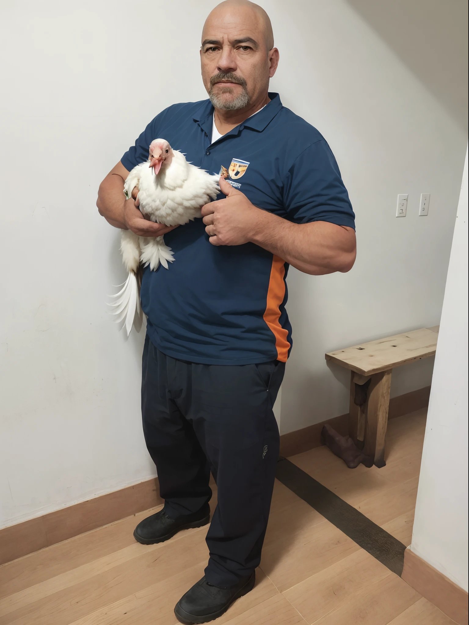 Araffe man holding a chicken in a room with a wooden floor, O Homem da Galinha, arrogante, galo!!!!, david rios ferreira, O Rei do Galo, Directed by: Nandor Soldier, galo, ele tem cerca de 5 0 anos de idade, Ronaldo Nazario Fenomeno, ele tem cerca de 50 anos, com pintinhos
