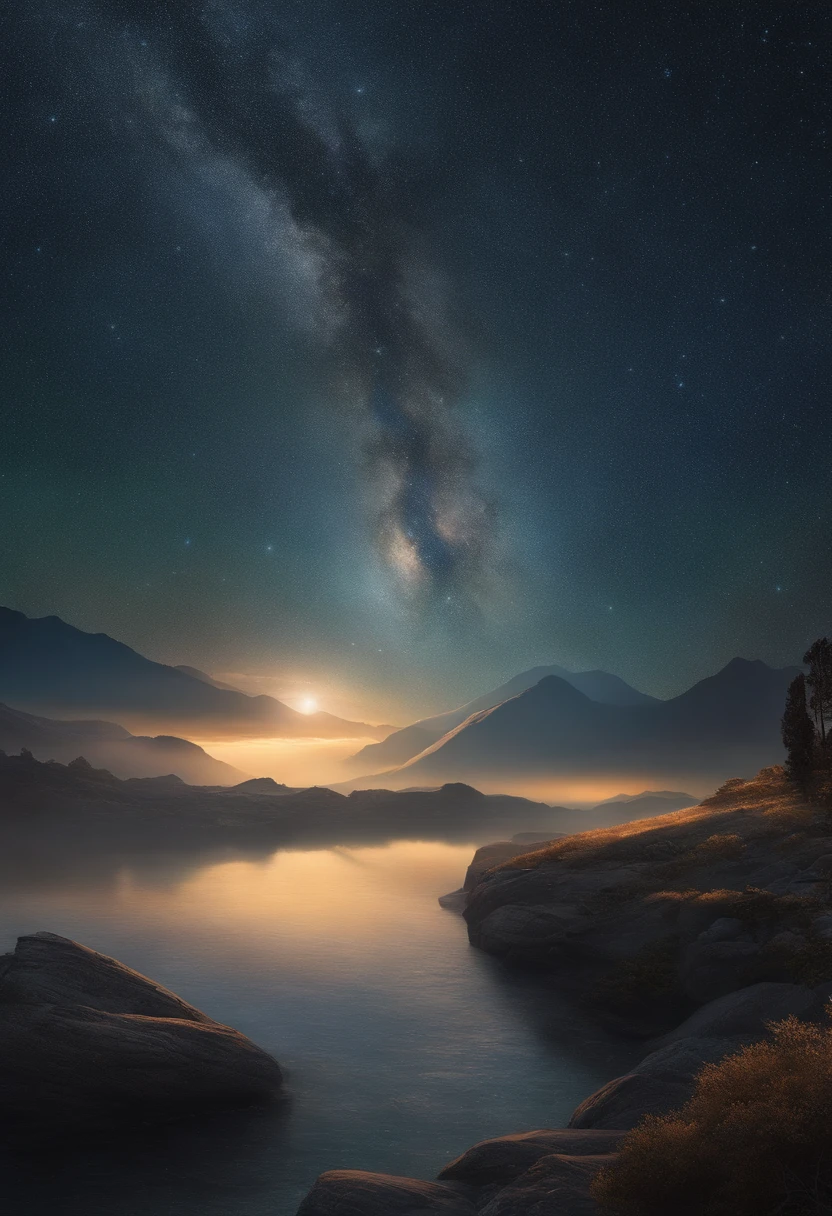 Starry sky with mountains and lake, Jessica Rossier, Inspired by Jessica Rossier, Jessica Rossier Fantasy art, Destaques da Magia da Arte Conceitual, arte oficial, Pintura dos Sonhos, Ethereal Realm, Atmospheric artwork, pinturas foscas sonhadoras, estrelas serenas e sem fim inspiradas em Ted Nasmith, ambientes estrelados ao luar, Epic music album covers. Homem 30 anos, cabelo longo com uns 50 cm , barbudo olhos cor de mel