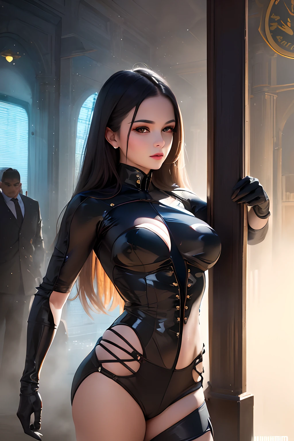 A mais alta qualidade de imagem, Detalhes marcantes, ultra-high resolution, (realismo: 1.4), The best illustration, favor details, 1girl altamente condensado, com um rosto delicado e bonito, vestido em um mecha preto e verde, usando um capacete mecha, segurando um controlador direcional, andar de moto, the background is a high-tech lighting scene of the future city.