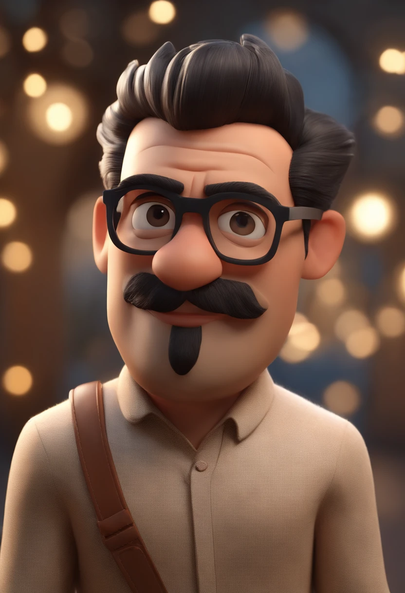 Cartoon character of a man with black glasses, cabelo cacheado marrom escuro e uma camisa azul, animation character, Caractere estilizado, animation style rendering, 3D estilizado, Arnold Maya render, 3 d render stylized, toon render keyshot, Personagem 3D, Personagem 3D, 3d rendering stylized, 3 d character render, personagem de desenho animado, Personagem de close up, Pose de personagem, (Estilo Pixar) (master part:1.2) (Bokeh) (best quality) (pele detalhada) (textura detalhada) (8k) (argila) (Cinematic lighting) (foco nítido