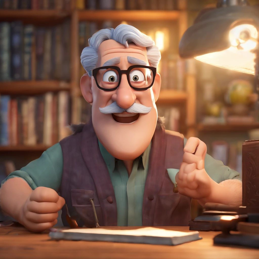 Crie um cartaz inspirado na Disney Pixar com o personagem sendo o pastor Rubens Janier, A gray-haired man wearing glasses, in an office with a Bible on the table, Looking forward and serious