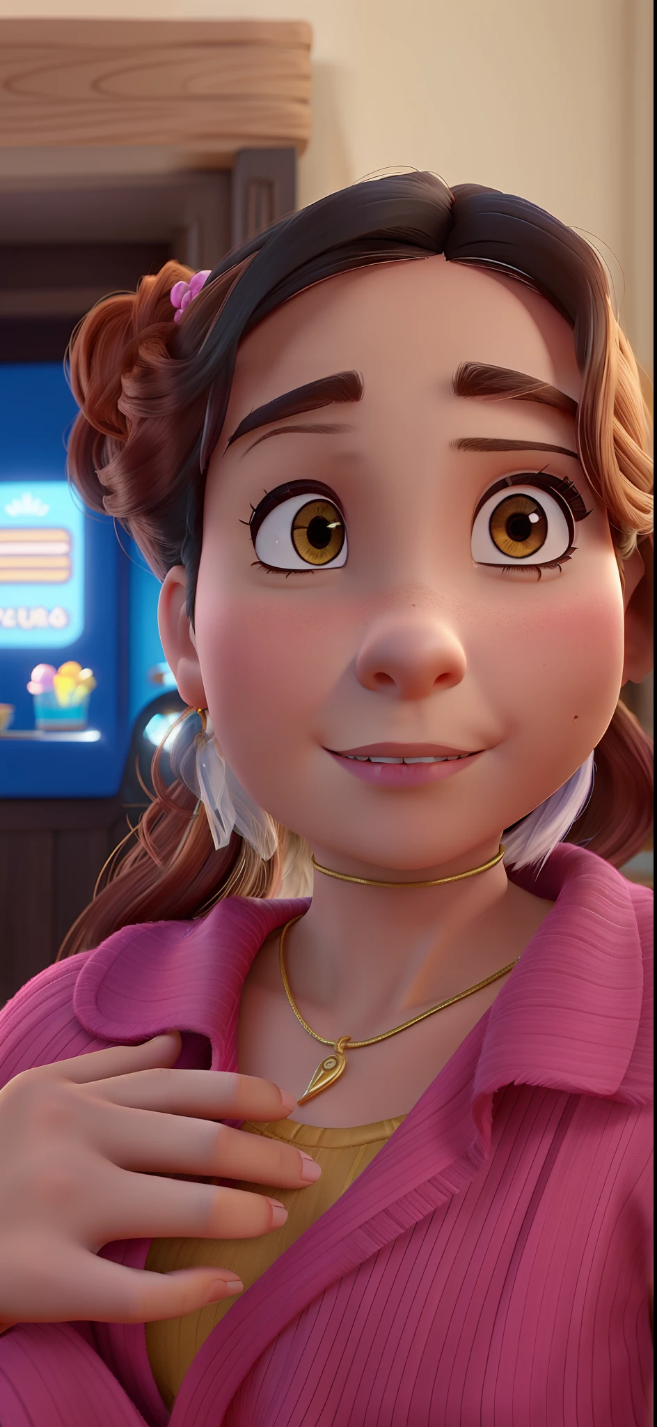 uma mulher morena de cabelos crespe encaracolados no estilo Disney pixar, alta qualidade, melhor qualidade