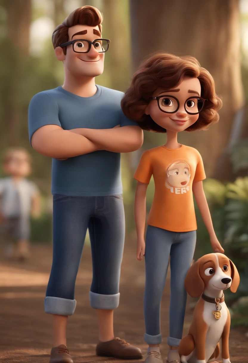 Pixar. Casal com um filhote de cachorro beagle marrom. A tem os cabelos loiros amarrados, Camiseta cinza e jeans claro, white glasses. O meninobelos pretos com cabelos grisalhos, barba pequena, oculos, Dark blue jeans and gray t-shirt. They are both smiling and are 40 years old