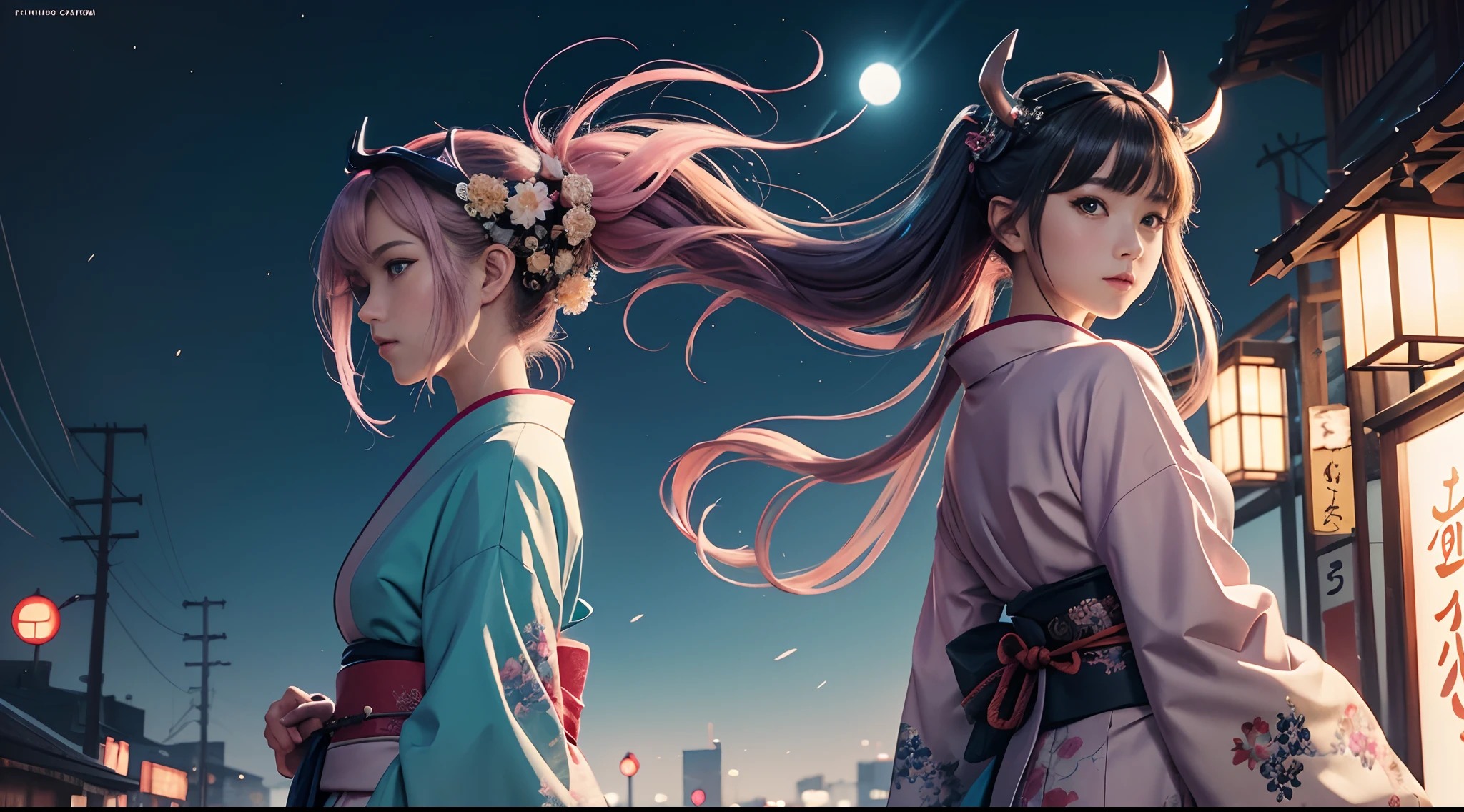 Watercolor drawing of back view of girl posing in kimono with lots of delicate ornaments and wearing demon helmet standing in a city at night during the dynastic period, hair and kimono swaying in the wind, VOFAN style, pastel colors, cute, eccentric, fantasy art, watercolor style, blurring, VOFAN artwork, cover illustration VOFAN, drawing VOFAN, perfect illustration by VOFAN, perfect light and shadow technique background by VOFAN, Adobe Illustrator, hand drawn, digital painting, low poly, soft lighting isometric illustration style, retro aesthetic Character Background Focus, 4K Resolution, Photorealistic Steps, Using Cinema4D, Cinematic Lighting, Dynamic Compositing, Pixiv Fanbox Trends, Saturated Gouache, Cyberpunk,
