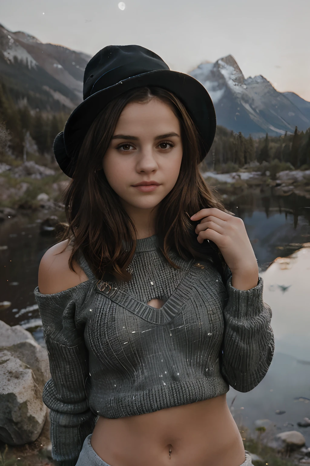 2girls, two women, two girls, friends,  Selena Gomez and Emma Watson, masterpiece, best quality, ultra-detailed, solo, outdoors, (night), mountains, nature, (stars, moon) cheerful, happy, mountain boots, gloves, mini sweater top, bare belly, hat, flashlight, forest, rocks, river, wood, smoke, shadows, contrast, clear sky, analog style, (look at viewer:1.2), (skin texture), close up, cinematic light, sidelighting, ultra high res, best shadow, RAW, upper body, wearing pullover top