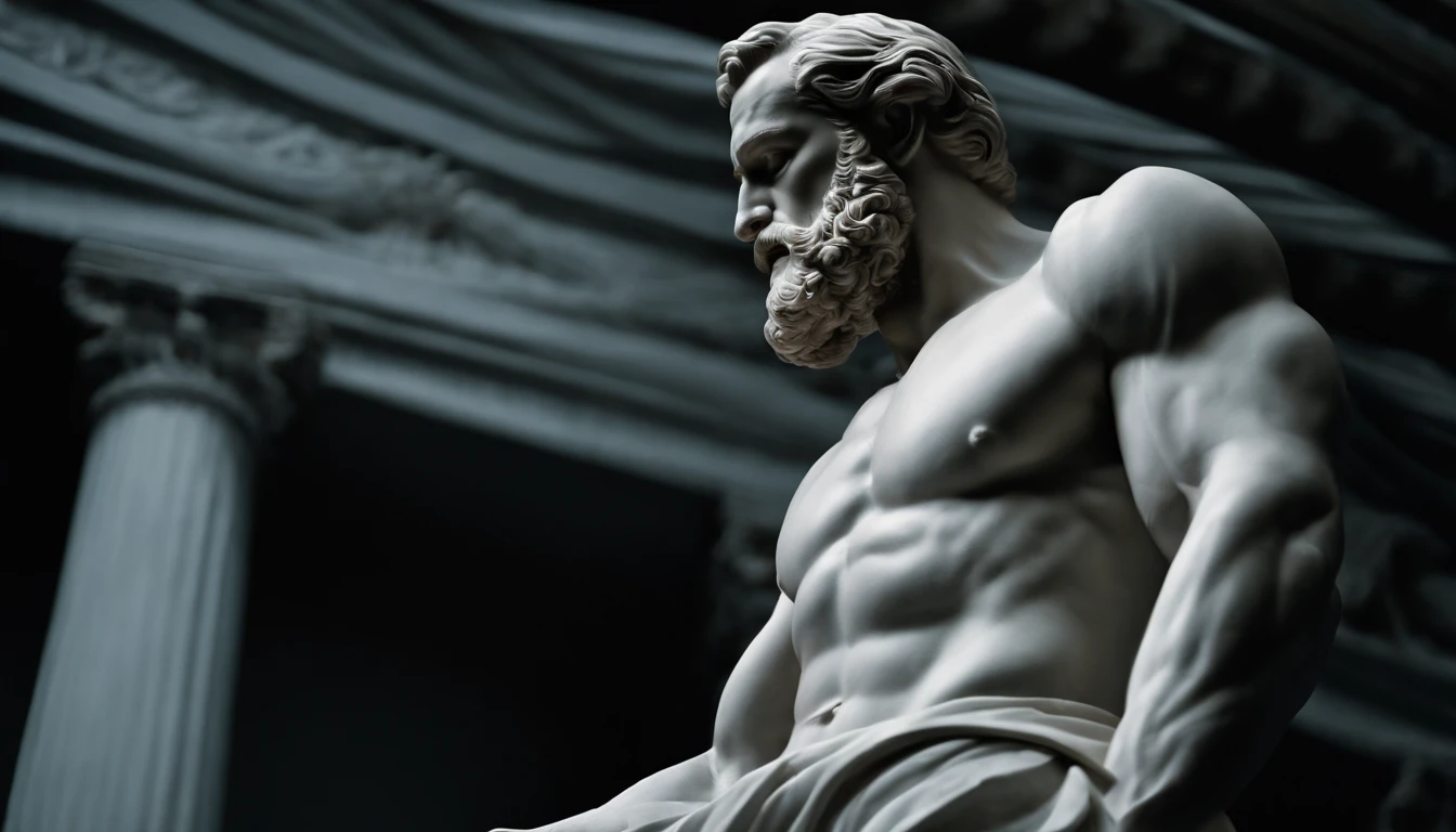 A white marble statue of a muscle, Bearded man with a stern look in a dark square at night, in the style of photographers Annie Leibovitz and Peter Lindbergh.