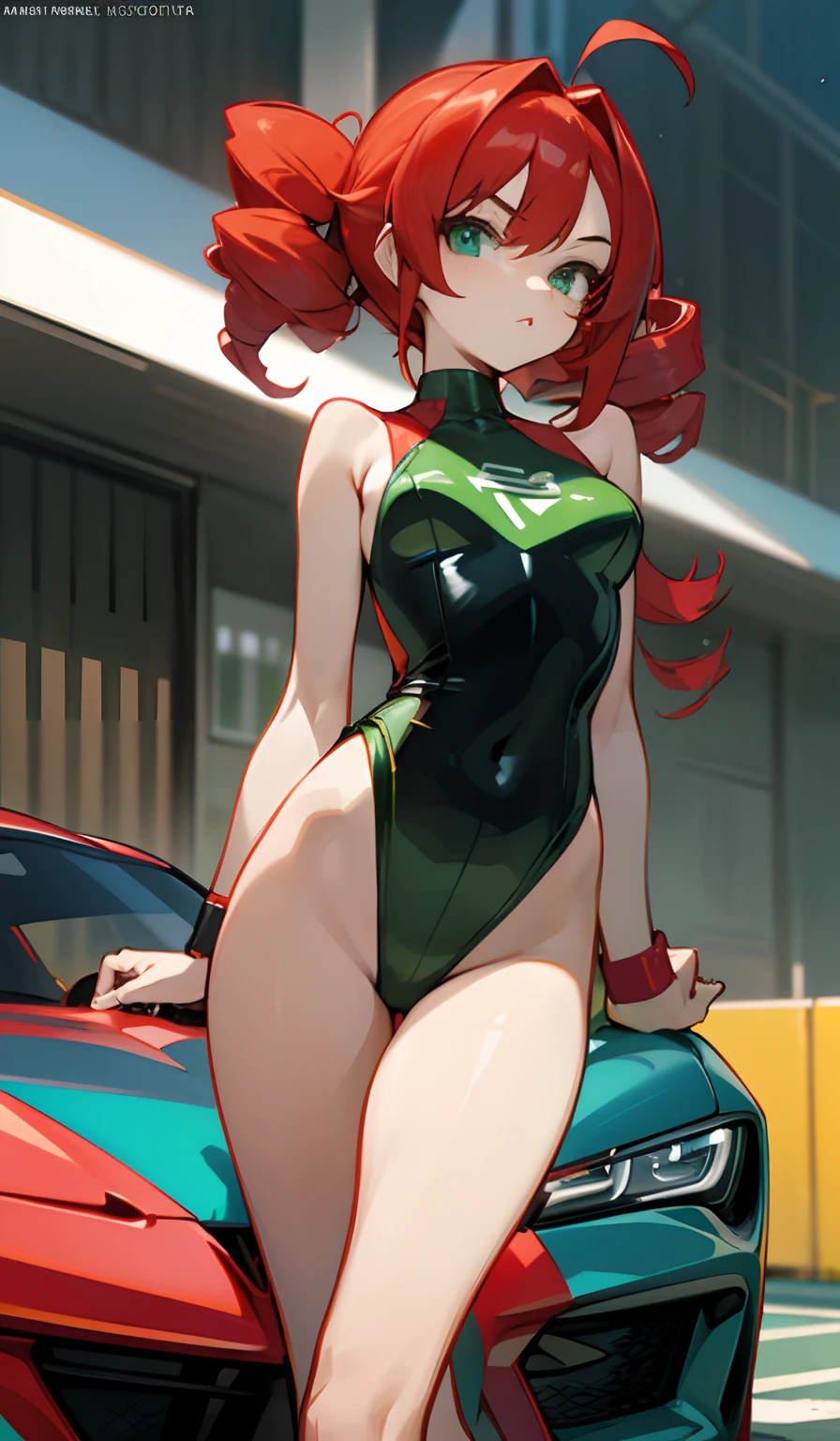 (Super Glossy Cola Green Kratex Leotard Swimsuit:1.3) , Ultra tight fit swimsuit with super reflective surface,Walking,Beautiful legs, Resistant to swimsuits,circuit.nffsw.Car Racing Girls ,circuit.nffsw.Car Race Gar,(toyota supra&Puyo Puyo Circuit.nffsw.F,(Eye green、Character hair ornaments、red hairs、Ahoge、twin drills、wristbands)