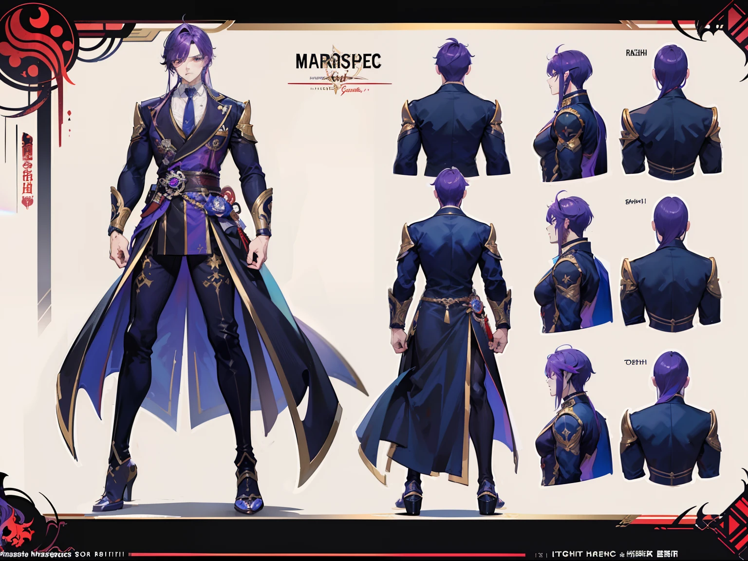 ((Masterpiece, Highest quality)), Male, boy, Detailed face, character design sheet, full bodyesbian, Full of details, frontal body view, back body view, Highly detailed, Depth, Many parts, Muscle boy with long purple hair with long bangs,handsome man, muscle body, vampire outfit clothes, Genshin Impact, man tall