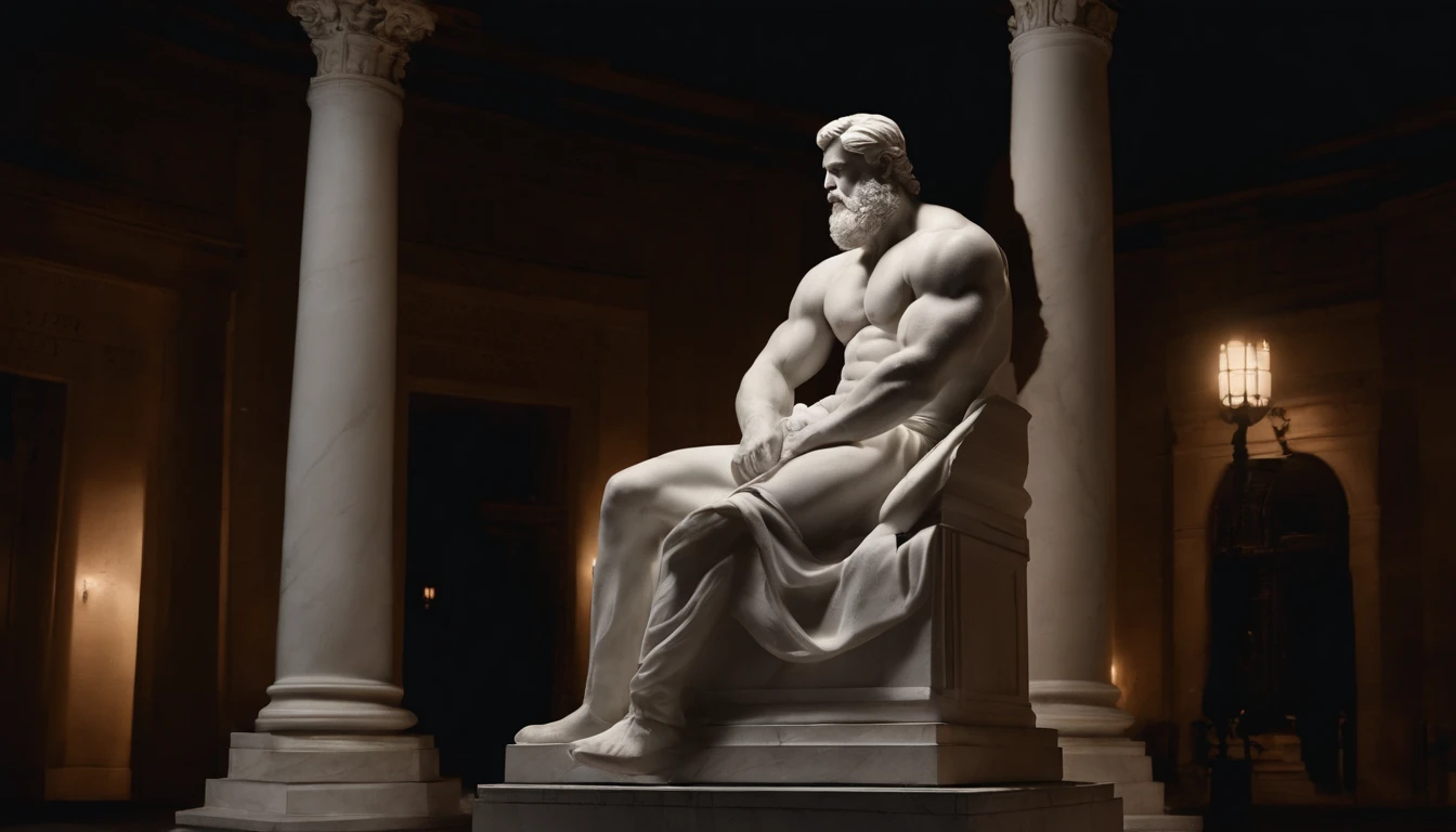 A white marble statue of a muscular, bearded man with a stern look in a dark square at night, in the style of photographers Annie Leibovitz and Peter Lindbergh.
INFO