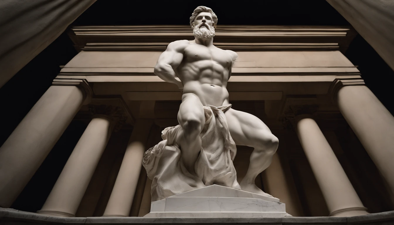 A white marble statue of a muscular, bearded man with a stern look in a dark square at night, in the style of photographers Annie Leibovitz and Peter Lindbergh.
INFO