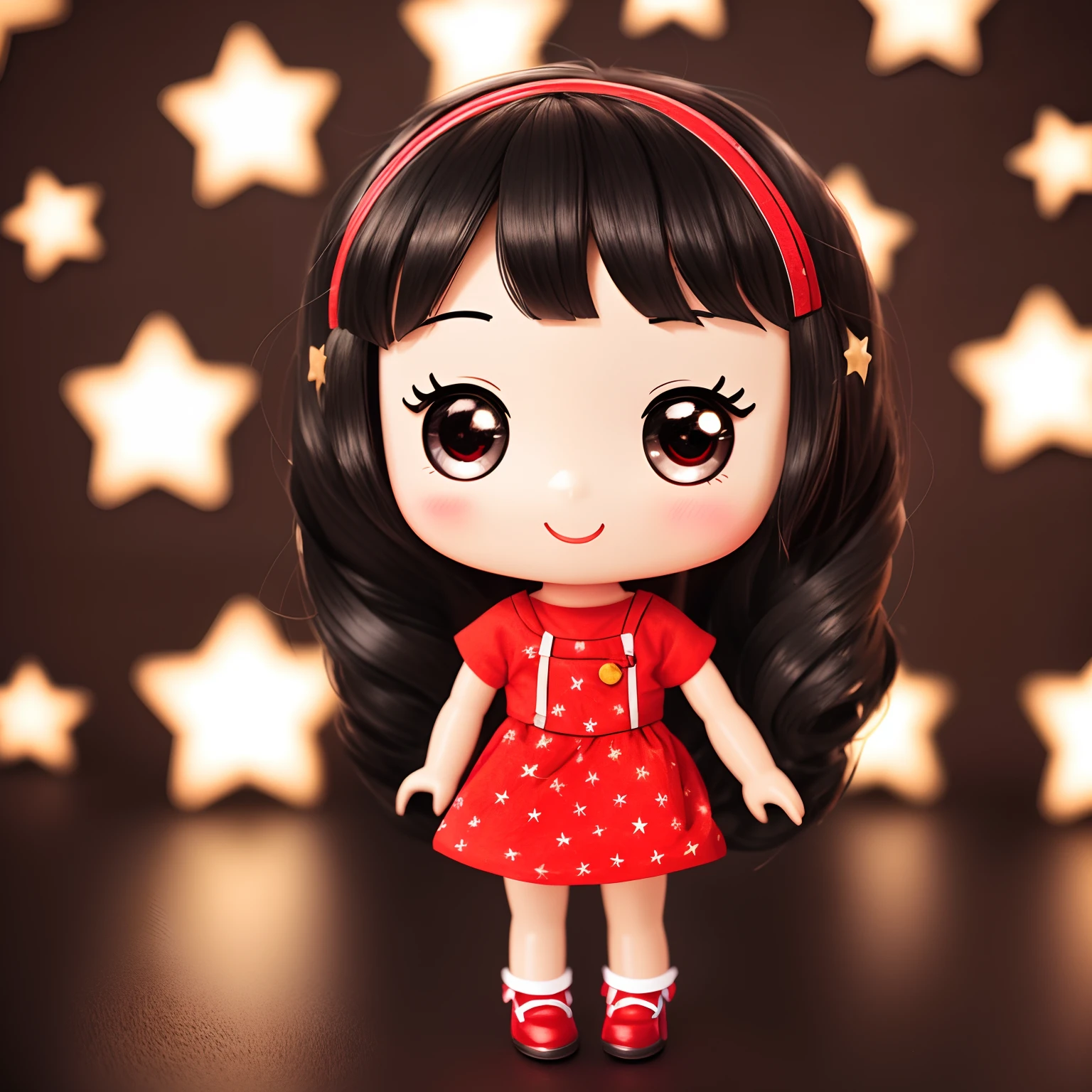 Place the small doll on a circular stand、A smile、Chibi Doll、Stars in the eyes(kirakira)、Raise your right hand、Eye Up、Long Black Hair、Laugh、Cute red shoes、Ultra Detail, radiant light、bio luminescent、Taken from the side、Stronger bokeh effect