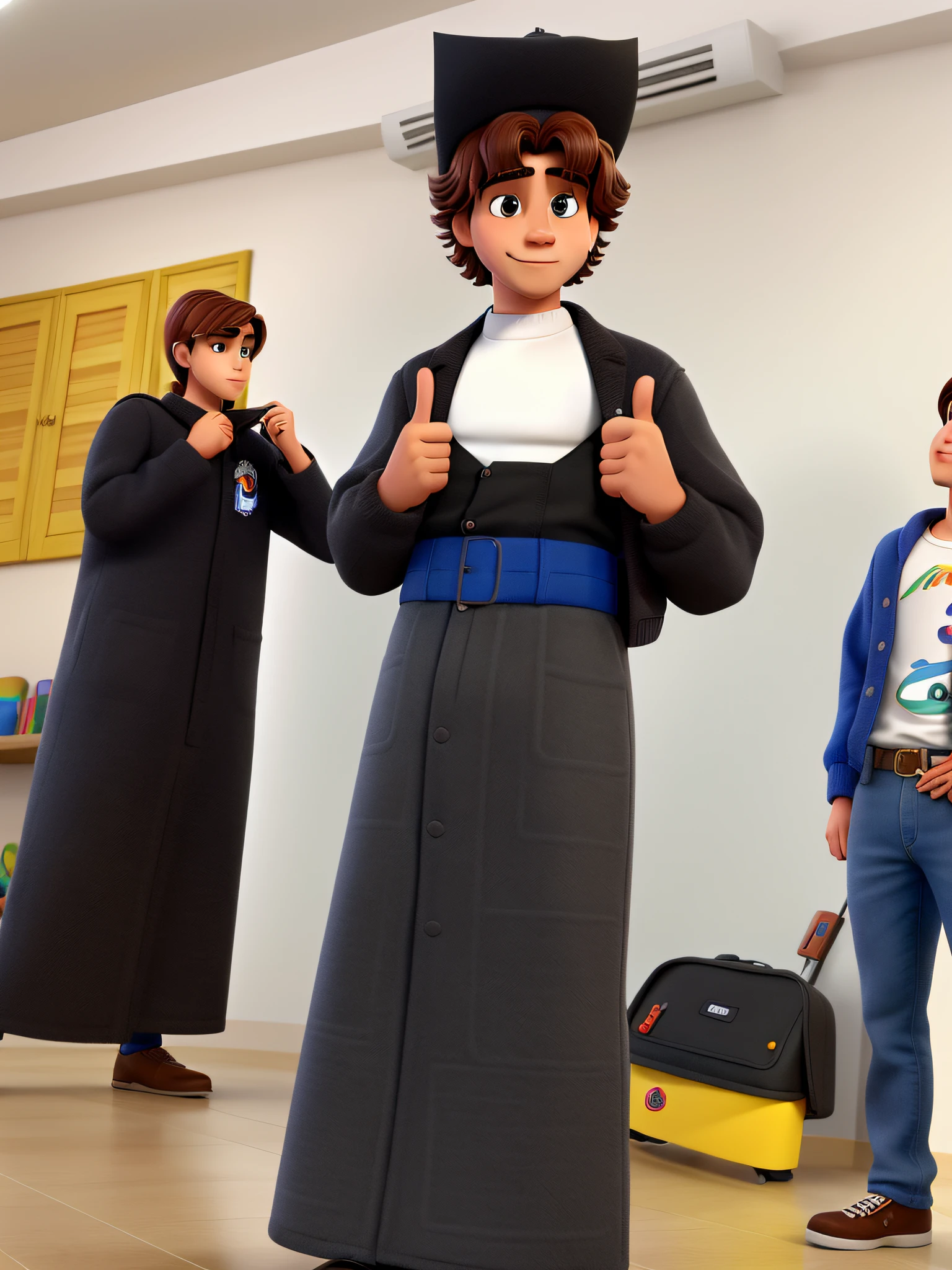 um adolescente macho moreno de cabelo cacheado de beca estilo disney pixar, alta qualidade, melhor qualidade.