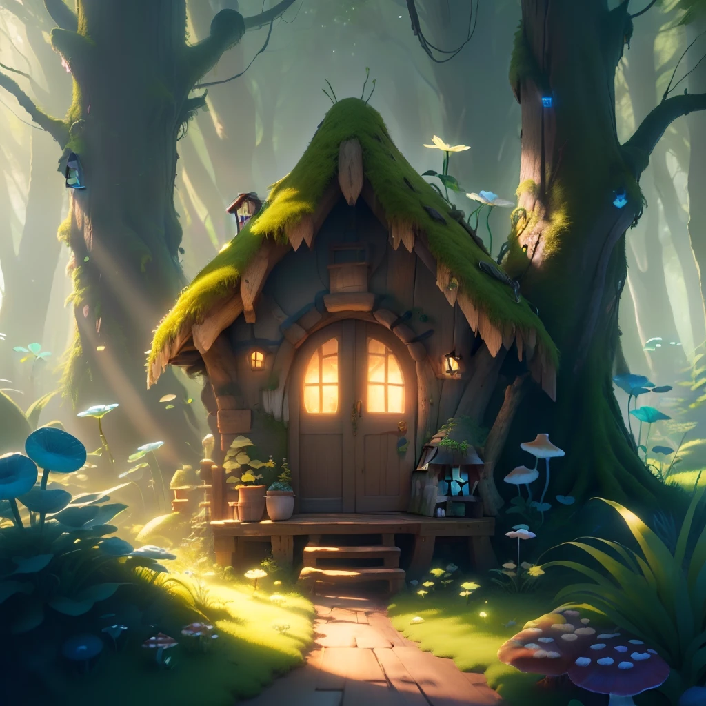 masterpiece, bestquality, (extremely detailed cg unity 8k wallpaper), (bestquality), (best illustration), (best shadows),( A mushroom house covered with moss),(dew),(timbo),(creek),firefly,clover,wtarlight surrounds the room,petal, isometric 3D, octanerender,ray tracing,ultra-detail,