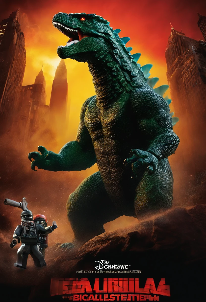 movie poster, lego style, with godzilla using his atomic breath