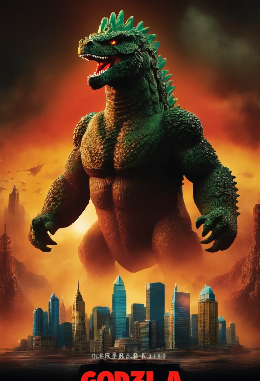 movie poster, lego style, with godzilla using his atomic breath