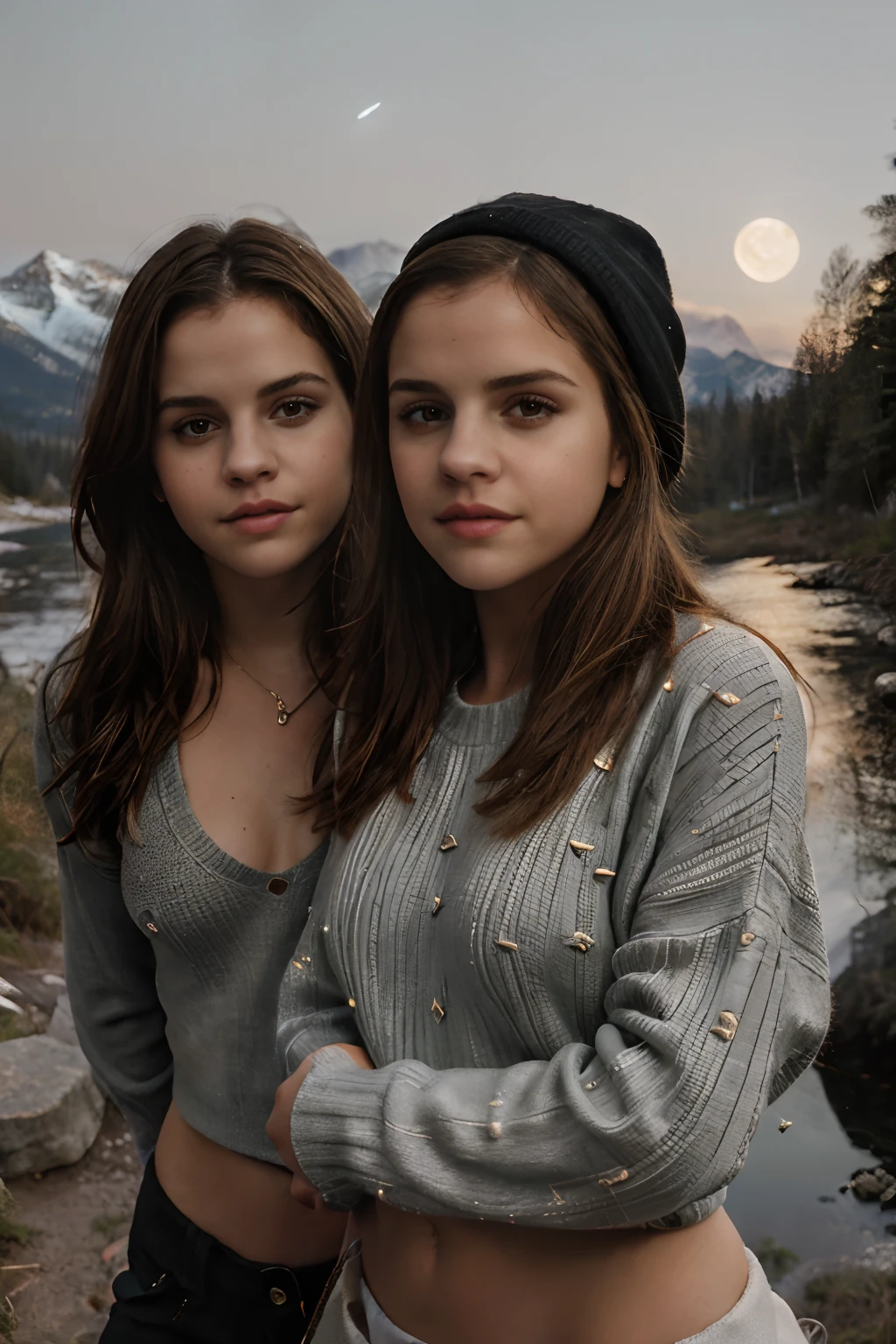 2girls, two women, two girls, friends,  Selena Gomez and Emma Watson, masterpiece, best quality, ultra-detailed, solo, outdoors, (night), mountains, nature, (stars, moon) cheerful, happy, mountain boots, gloves, mini sweater top, bare belly, hat, flashlight, forest, rocks, river, wood, smoke, shadows, contrast, clear sky, analog style, (look at viewer:1.2), (skin texture), close up, cinematic light, sidelighting, ultra high res, best shadow, RAW, upper body, wearing pullover top