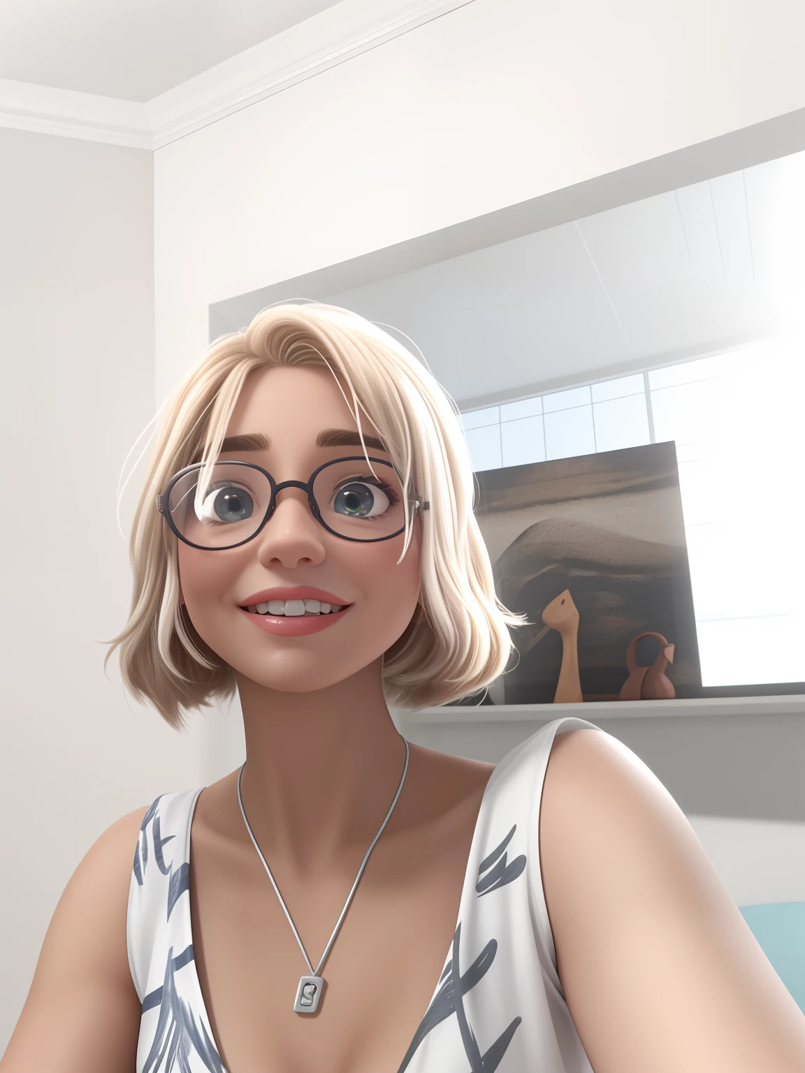 Uma mulher de 54 anos, com cabelos cutos e brancos Rosto redondo, sorriso encantador, e olhos castanhos e oculis, wearing glasses.
