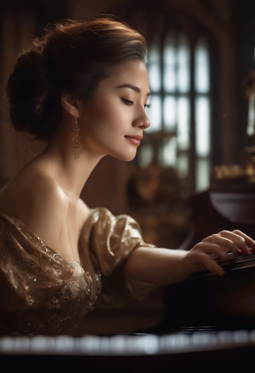 Portrait Photogram, Beautiful young woman playing steampunk piano with western robe see-through dress, soggy, eye visible through hair, Proper eye position, natural skin, The light from the back window is backlighted, 电影灯光, Glowing Ring, the soft light, glute, in the night time, urban backdrop, Color grading detailed background, 复杂 , highly details, octan render, hdd, 8K, annie lebovetz