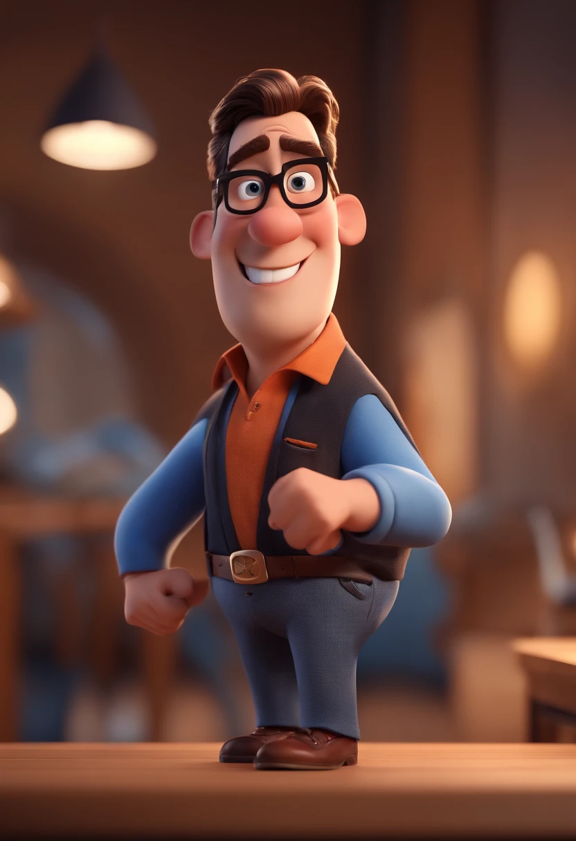 Cartoon character of a man with black glasses and a blue shirt, animation character, Caractere estilizado, animation style rendering, 3D estilizado, Arnold Maya render, 3 d render stylized, toon render keyshot, Personagem 3D, Personagem 3D, 3d rendering stylized, 3 d character render, personagem de desenho animado, Personagem de close up, Pose de personagem,  (Estilo Pixar) (master part:1.2) (Bokeh) (best quality) (pele detalhada) (textura detalhada) (8k) (argila) (Cinematic lighting) (foco nítido
