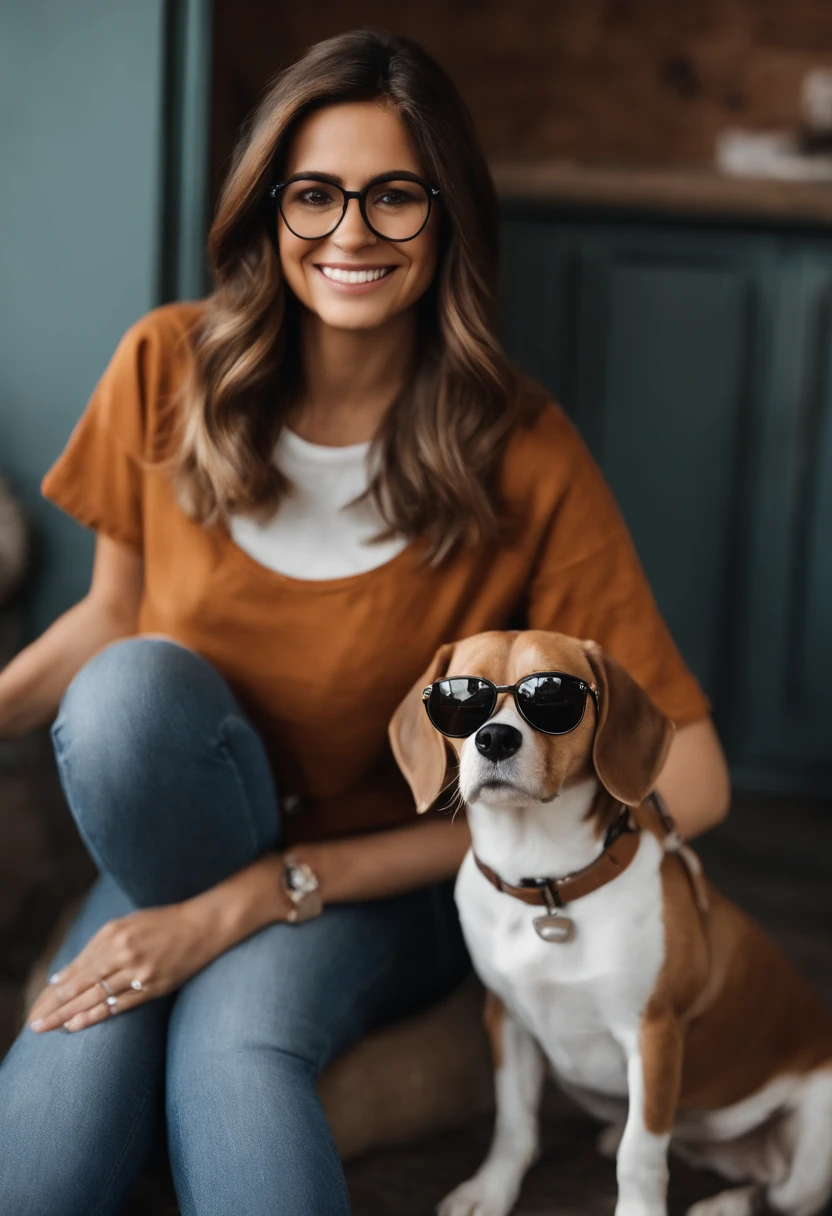 Pixar. Casal com um filhote de cachorro beagle marrom. A menina tem os cabelos loiros amarrados, Camiseta cinza e jeans claro, white glasses. O menino de cabelos pretos com cabelos grisalhos, barba pequena, oculos, Dark blue jeans and gray t-shirt. They are both smiling and are 40 years old