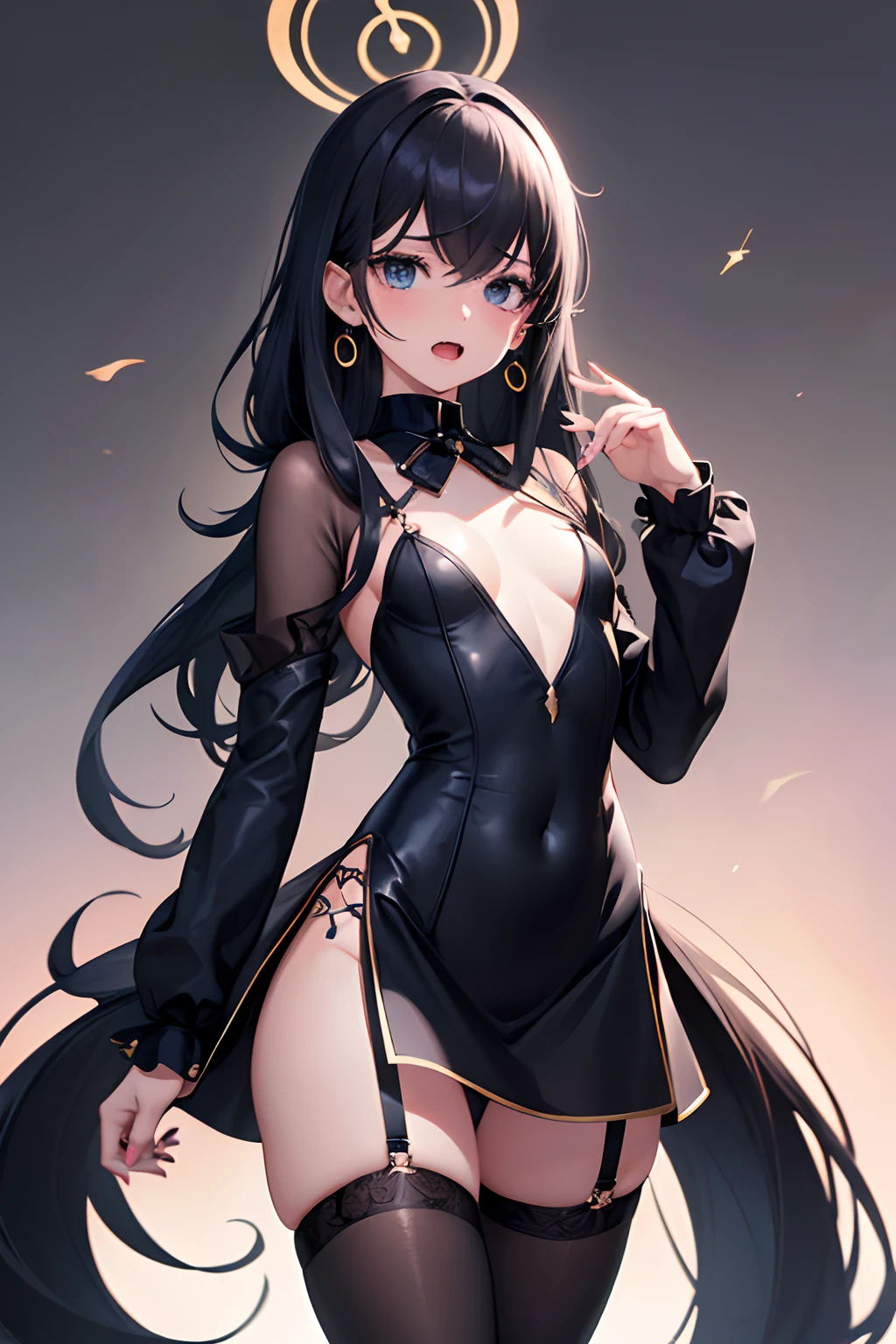 (top-quality, 8K, masterpiece, Top image quality, Hi-Res, super detailing, Ultra HD, (Delicate and smooth skin, real looking skin, Perfect and beautiful face ,Perfect and cute face, high detail skin, Perfect limbs)), 1girl , black bow , black bowtie , black dress , black nails , black thighhighs , blue eyes , blush , cowboy shot , earrings , fingernails , flying sweatdrops , jewelry , long black hair , long sleeves , looking at viewer , nail polish , open mouth , simple pink background , small breasts , solo , yellow halo, UI (blue archive)