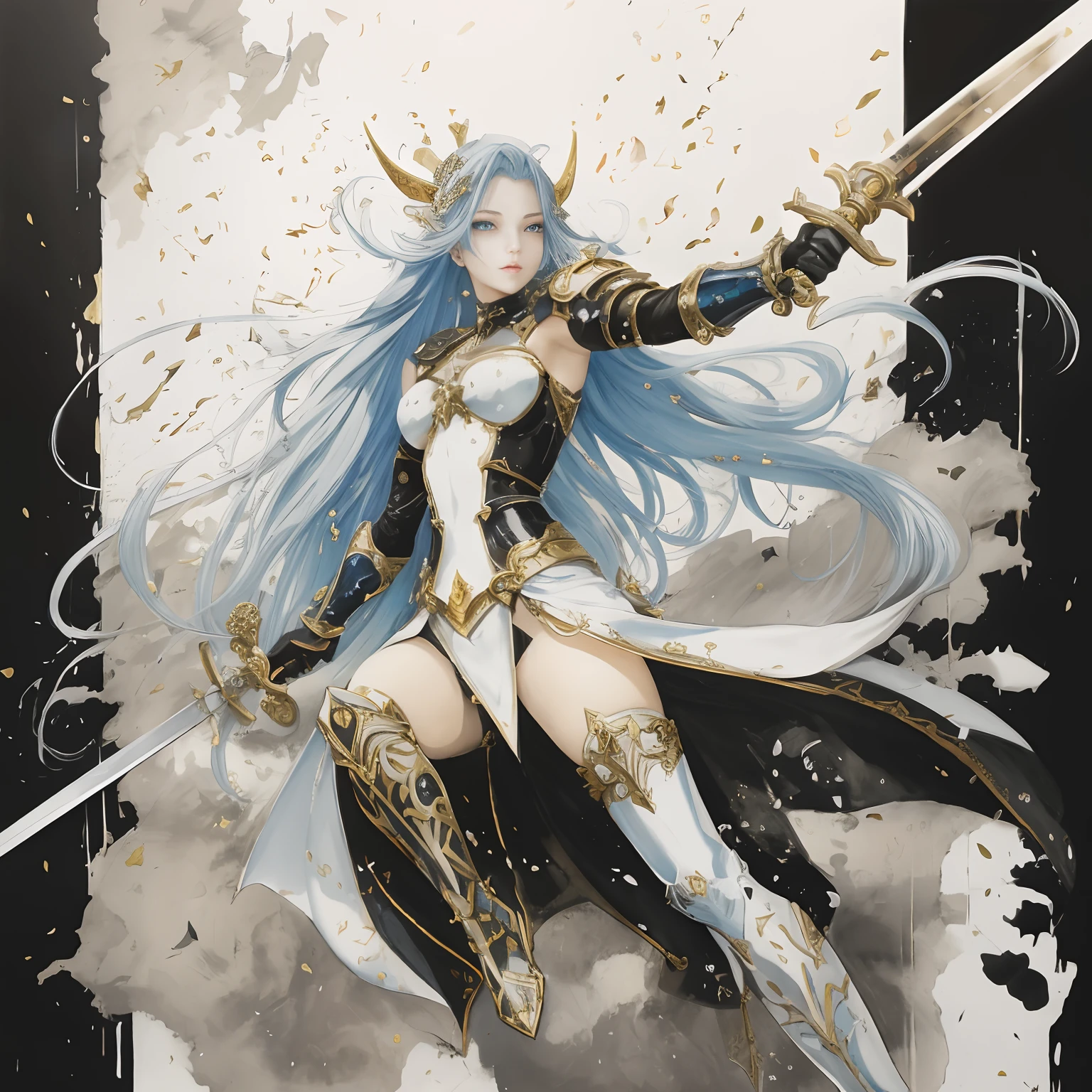 a painting of a woman with a sword and armor on a black background, portrait knights of zodiac girl, knights of zodiac girl, by amano, inspired by amano, artbook artwork, rossdraws 2. 0, inspired by rossdraws, rossdraws 1. 0, inspired by Dustin Nguyen, rossdraws 2. 5