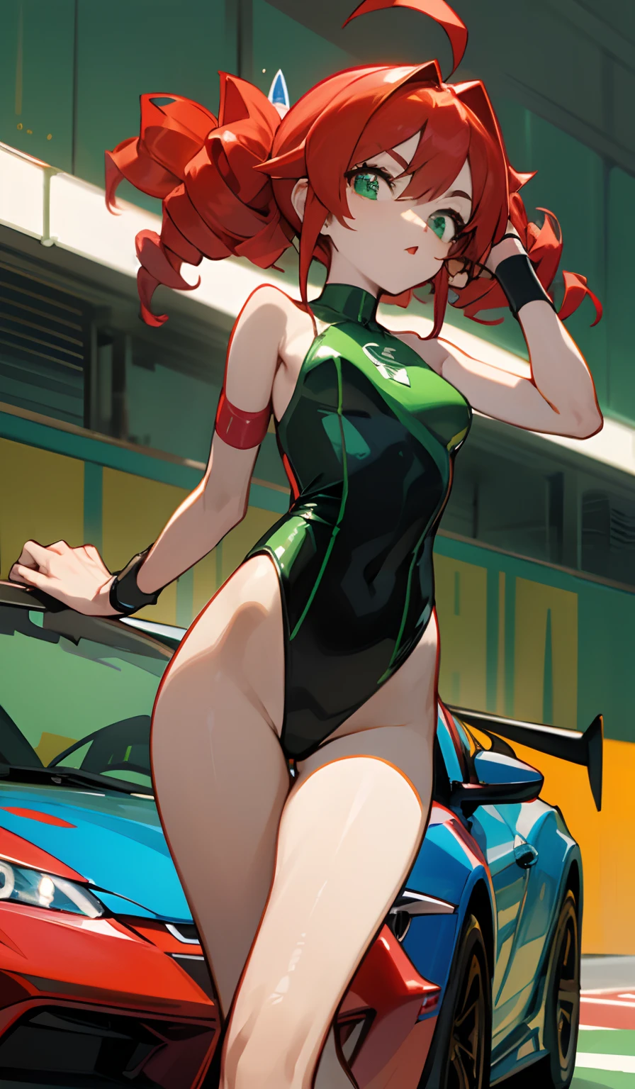 (Super Glossy Cola Green Kratex Leotard Swimsuit:1.3) , Ultra tight fit swimsuit with super reflective surface,Walking,Beautiful legs, Resistant to swimsuits,circuit.nffsw.Car Racing Girls ,circuit.nffsw.Car Race Gar,(toyota supra&Puyo Puyo Circuit.nffsw.F,(Eye Green、Character hair ornaments、red hairs、Ahoge、twin drills、wristbands)The man is the one who said the camera