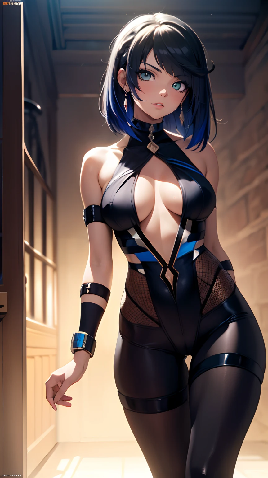 Mujer en pose a horcajadas, (1 hembra adulta, solamente:1.1), Dibuja solo una mujer, Estilo de Masamune Shirow, ojos hermosos, Dibuja ojos detallados, Detailed hair representation, teta grande, Colillas grandes, HiQuality, high resolusion, Ultra-detallado, Calidad de imagen de alto nivel, Alta calidad, en 8K, La piel es brillante, centro, Estructura precisa del cuerpo humano, science background, y dibuja el cuerpo completo, Traje negro, colores vibrantes, Arte del esmalte, Disfraz sexy, Disfraz puro, Exponer los pies, Exponer los brazos, Hechicero