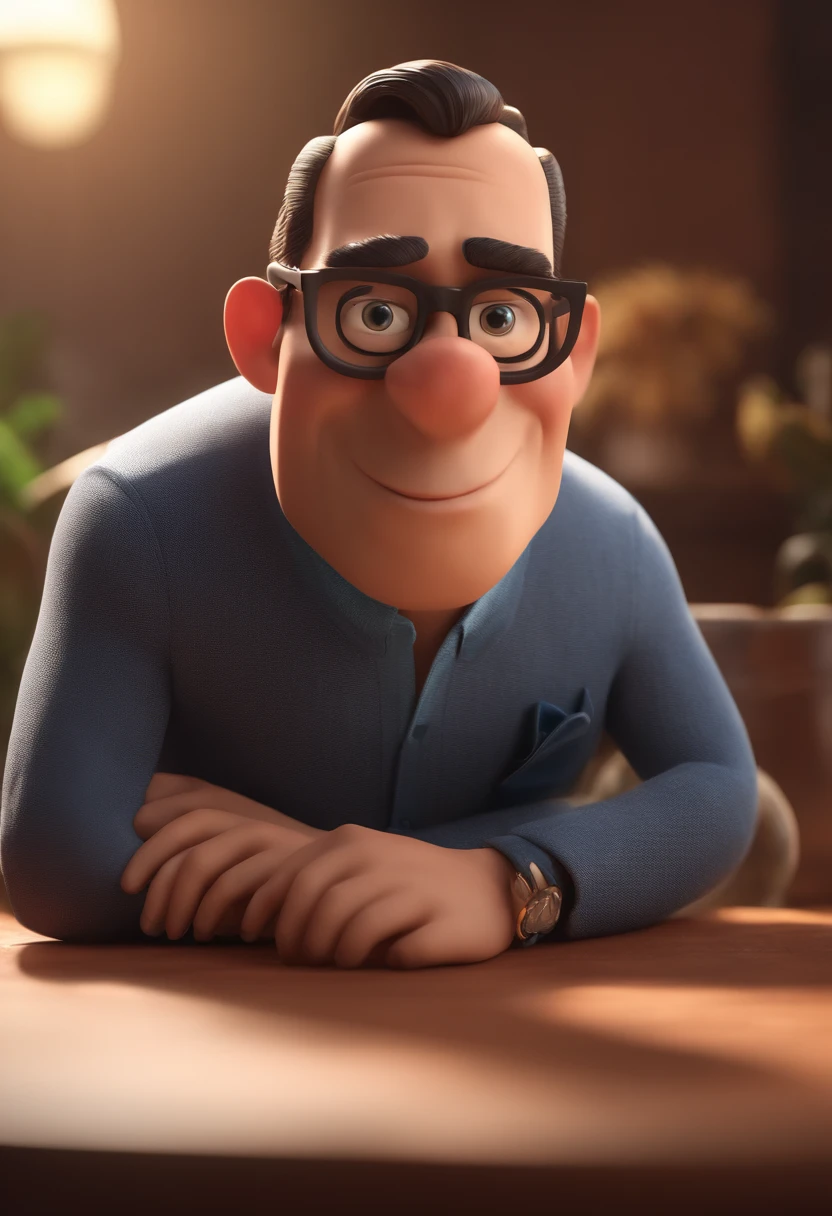Cartoon character of a man with black glasses and a blue shirt, animation character, Caractere estilizado, animation style rendering, 3D estilizado, Arnold Maya render, 3 d render stylized, toon render keyshot, Personagem 3D, Personagem 3D, 3d rendering stylized, 3 d character render, personagem de desenho animado, Personagem de close up, Pose de personagem,  (Estilo Pixar) (master part:1.2) (Bokeh) (best quality) (pele detalhada) (textura detalhada) (8k) (argila) (Cinematic lighting) (foco nítido