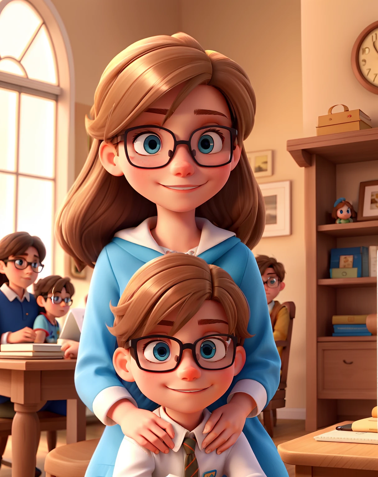 /Victoria, white-skinned and brown-haired, wears glasses, Hector her nephew is on her lap and has blond hair and blue eyes