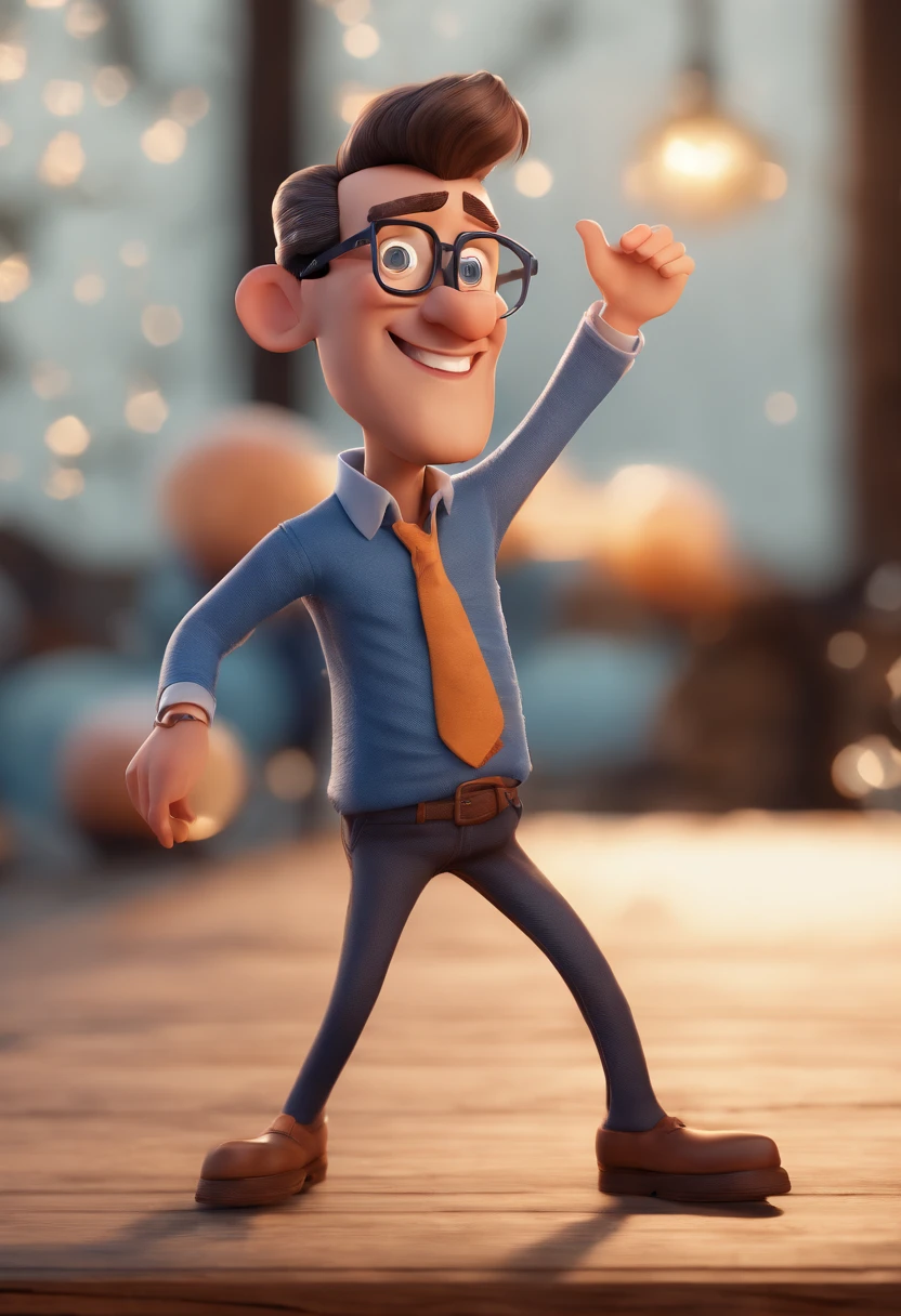 Cartoon character of a man with black glasses and a blue shirt, animation character, Caractere estilizado, animation style rendering, 3D estilizado, Arnold Maya render, 3 d render stylized, toon render keyshot, Personagem 3D, Personagem 3D, 3d rendering stylized, 3 d character render, personagem de desenho animado, Personagem de close up, Pose de personagem,  (Estilo Pixar) (master part:1.2) (Bokeh) (best quality) (pele detalhada) (textura detalhada) (8k) (argila) (Cinematic lighting) (foco nítido