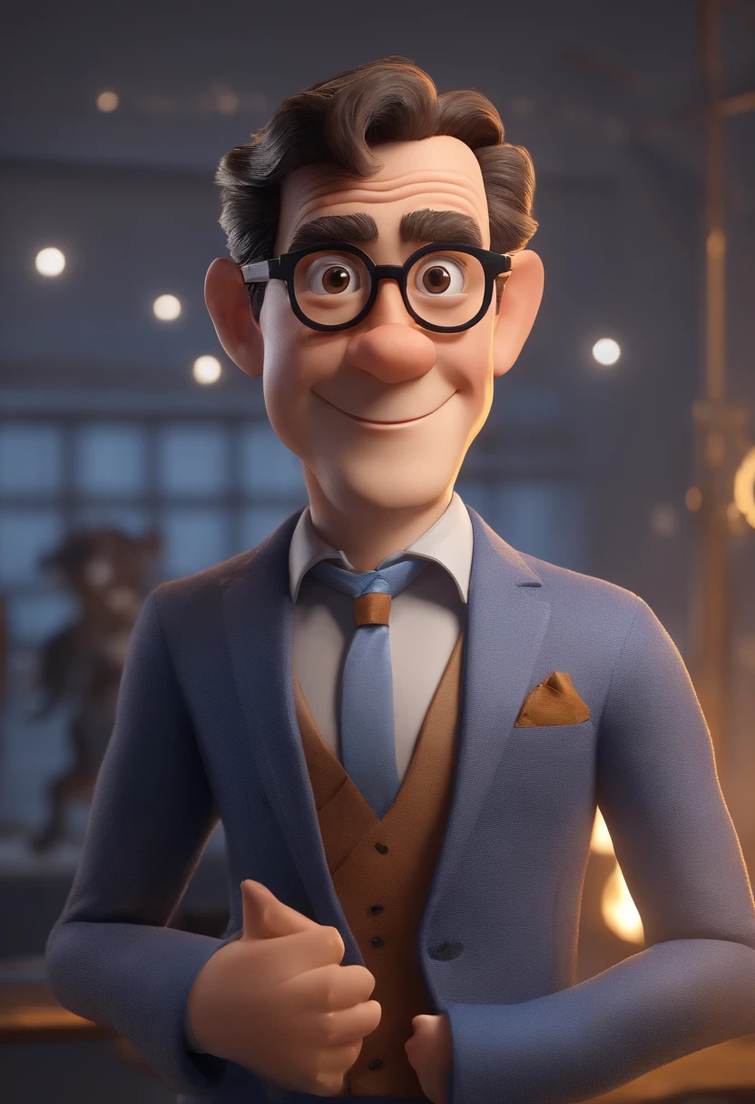 Cartoon character of a man with black glasses and a blue shirt, animation character, Caractere estilizado, animation style rendering, 3D estilizado, Arnold Maya render, 3 d render stylized, toon render keyshot, Personagem 3D, Personagem 3D, 3d rendering stylized, 3 d character render, personagem de desenho animado, Personagem de close up, Pose de personagem,  (Estilo Pixar) (master part:1.2) (Bokeh) (best quality) (pele detalhada) (textura detalhada) (8k) (argila) (Cinematic lighting) (foco nítido