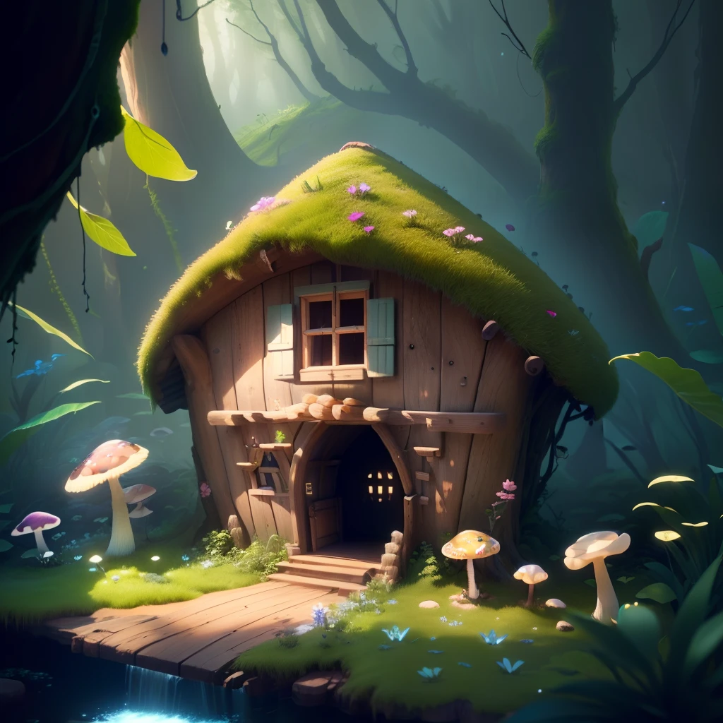 masterpiece, bestquality, (extremely detailed cg unity 8k wallpaper), (bestquality), (best illustration), (best shadows),( A mushroom house covered with moss),(dew),(timbo),(creek),firefly,clover,wtarlight surrounds the room,petal, isometric 3D, octanerender,ray tracing,ultra-detail,