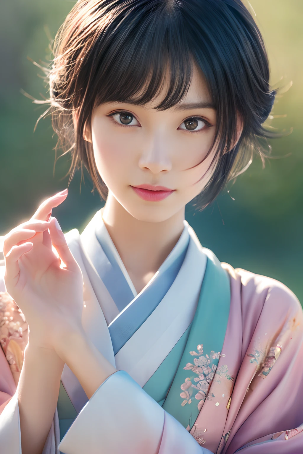(the Extremely Detailed CG Unity 8K Wallpapers, masutepiece, Best Quality, Ultra-detailed),(Kimono beauty) (Best Illumination, best pictures、extremely delicate and beautiful), a cool, Dynamic, and original young girl characters (Dynamic Pose) and silvers (pixie cut hair: 1.3) Reflects light beautifully.