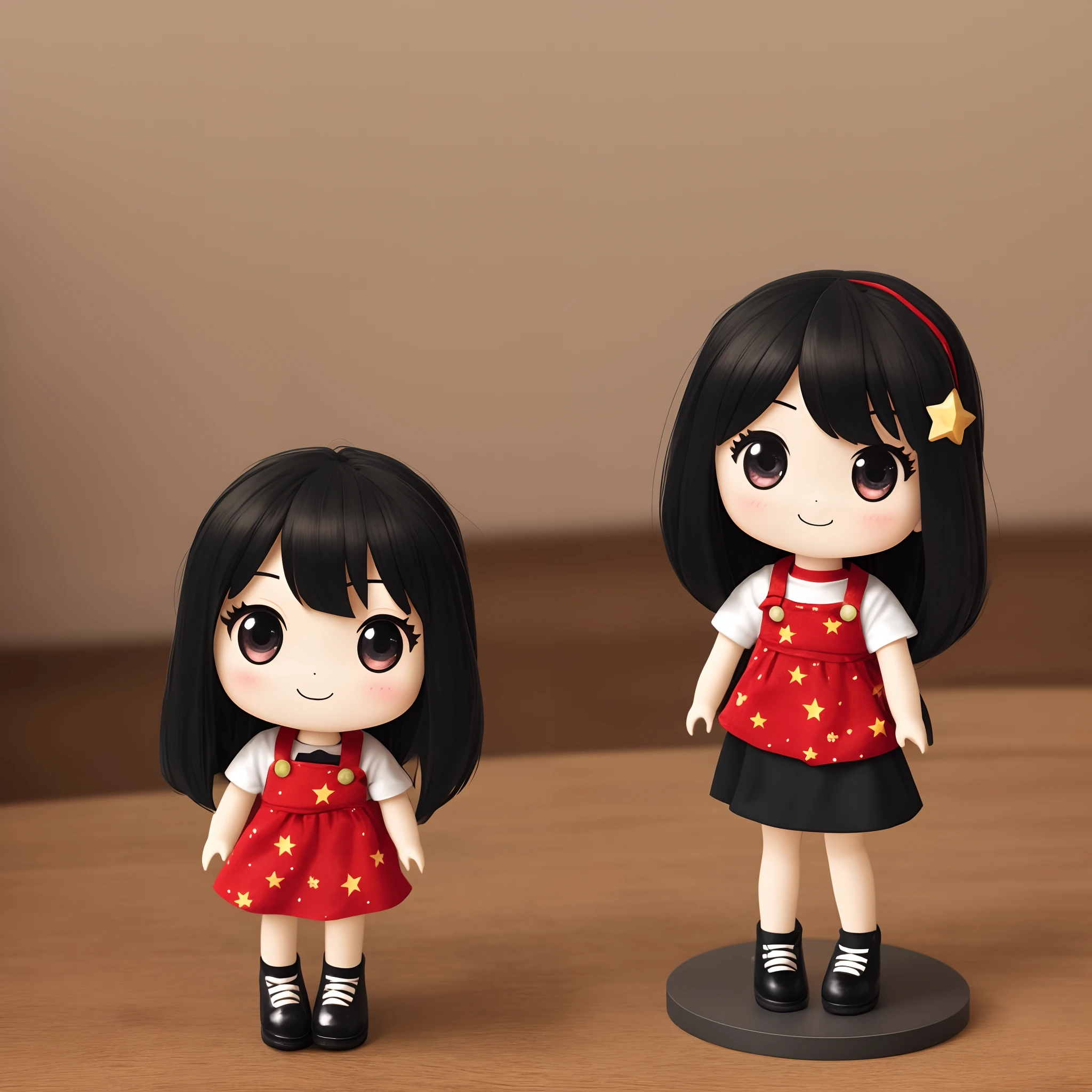Place the small doll on a circular stand、A smile、Chibi Doll、Stars in the eyes(kirakira)、Raise your right hand、Eye Up、Long Black Hair、Laugh、Cute red shoes、Ultra Detail, radiant light、bio luminescent、Taken from the side、Stronger bokeh effect