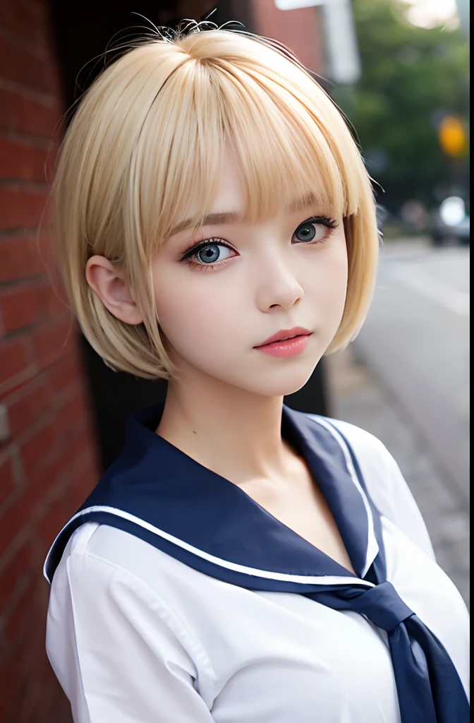 A school girl,16 year old,(blonde short hair),(bangs bangs),pretty face,sailor suit