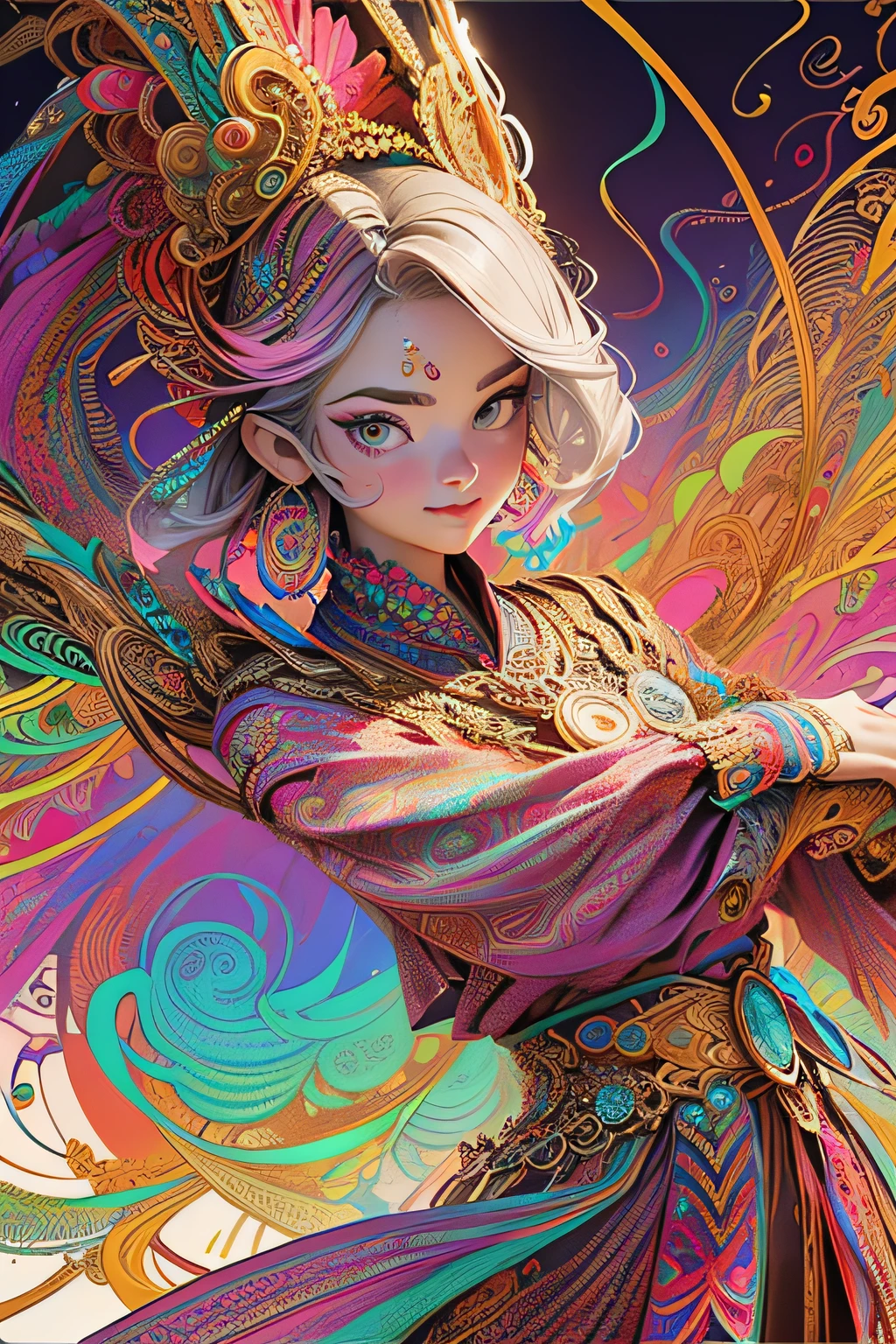 (masterpiece, top quality, best quality, official art, beautiful and aesthetic:1.2), (1girl:1.3), extremely detailed,(fractal art:1.2),colorful, highest detailed,(zentangle:1.2), (dynamic pose), (abstract background:1.5), (treditional dress:1.2), (shiny skin), (many colors:1.4), upper body