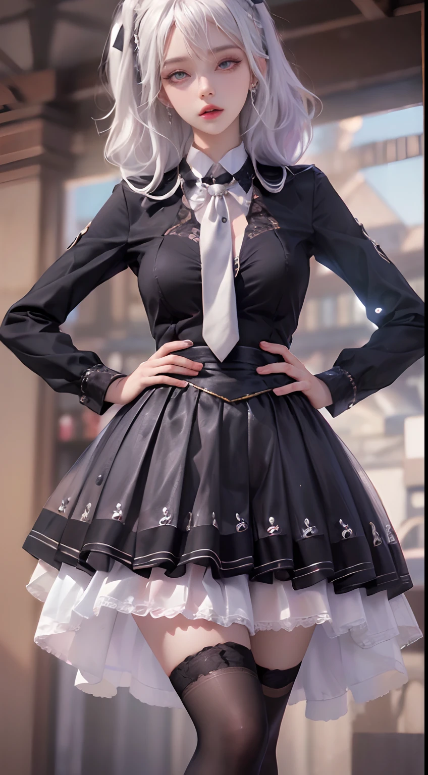 Photorealistic, high resolution, 1 Women, Solo, Hips up,Lolita costume, Beautiful eyes, White hair, ringed eyes, Collared shirt,black necktie,Black skirt, pencil skirts,
