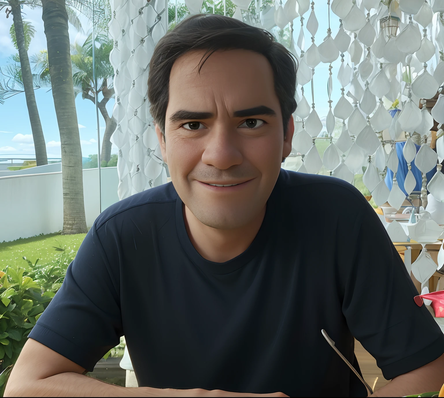 there is a man sitting at a table with a plate of food, gui guimaraes, david rios ferreira, miguel iglesias, ricardo milos, pepe moreno, ignacio fernandez rios, icaro carvalho, ignacio rios, carmelo blandino, edu souza, michael vicente, Henry Alvim Correa, heraldo Ortega. Pixar style.