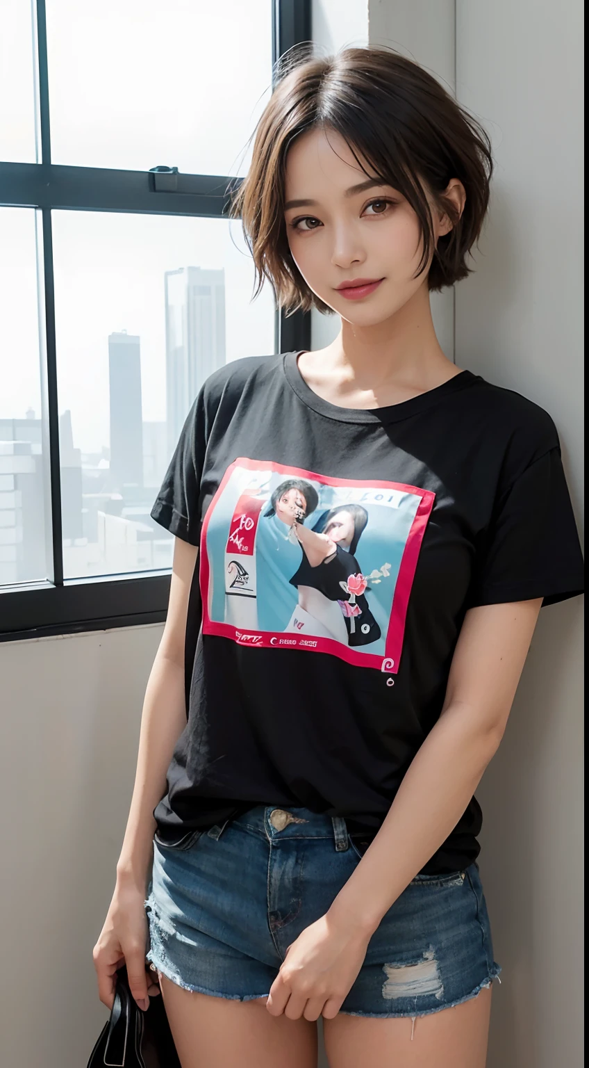 85
(a 20 yo woman,is standing), (A hyper-realistic), (masutepiece), ((short-hair:1.46)), (Smooth black hair), (Breast:1.0), (kindly smile), Wearing shorts, (Wear a T-shirt with a character design print), (Beautiful skin:1.5)