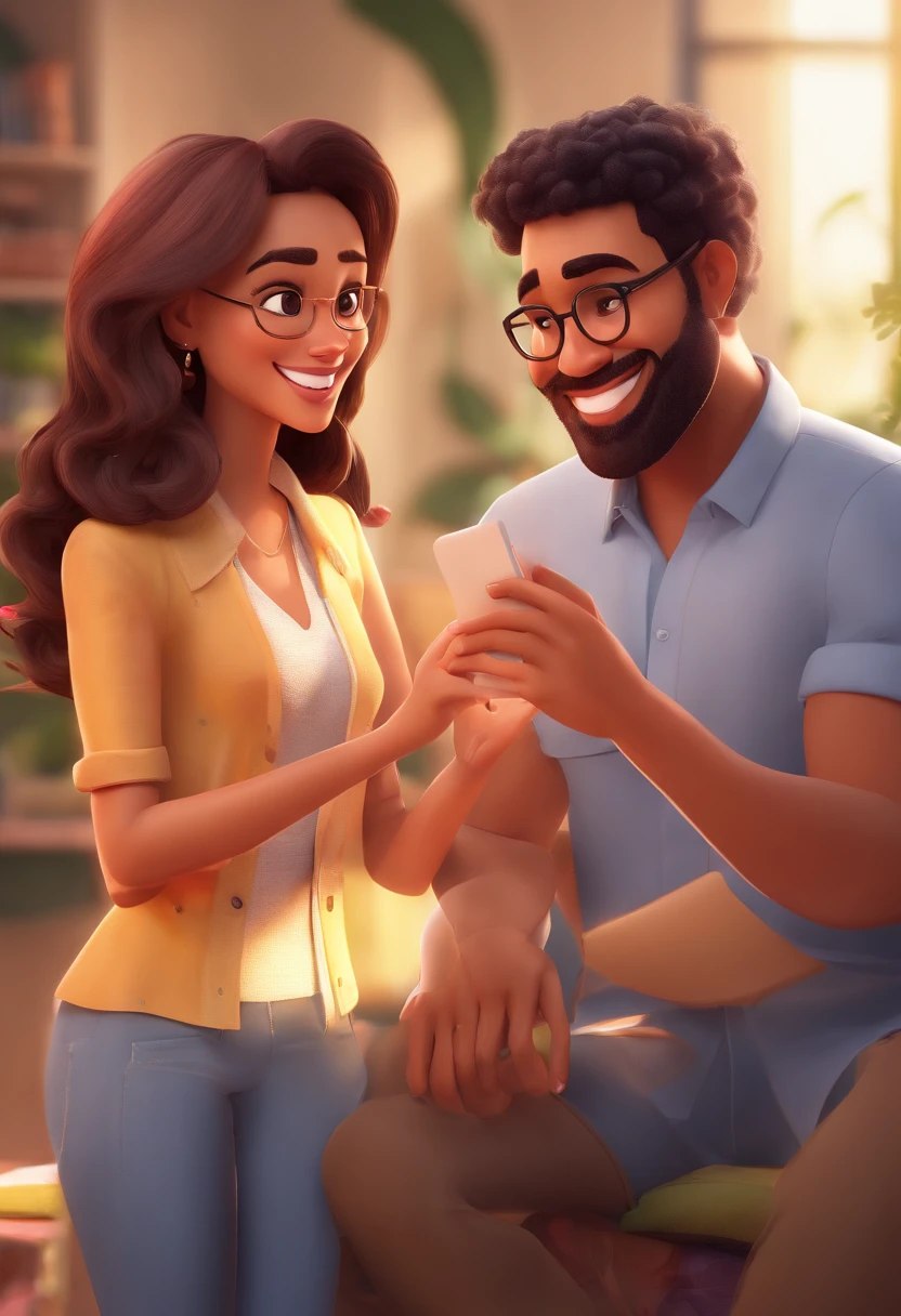 An illustration of an adorable couple, Highlight for a chubby mulatto man with glasses smiling and a brunette woman with beautiful expressive eyes - the man's skin is mulatto and the man's hair haswhile the woman's skin is black and the woman's hair is straight and brown. They are a bright room, cada um com um sorriso no rosto, e compartilhar um momento especial caracterizado pelo amor, Insights. Illustrate this scene from a perspective where they are facing the camera, Smiling and Showing Your Connection. Desenvolva esta arte em Full HD, Focus on your cinematic touch, Estilo Disney Pixar Animations