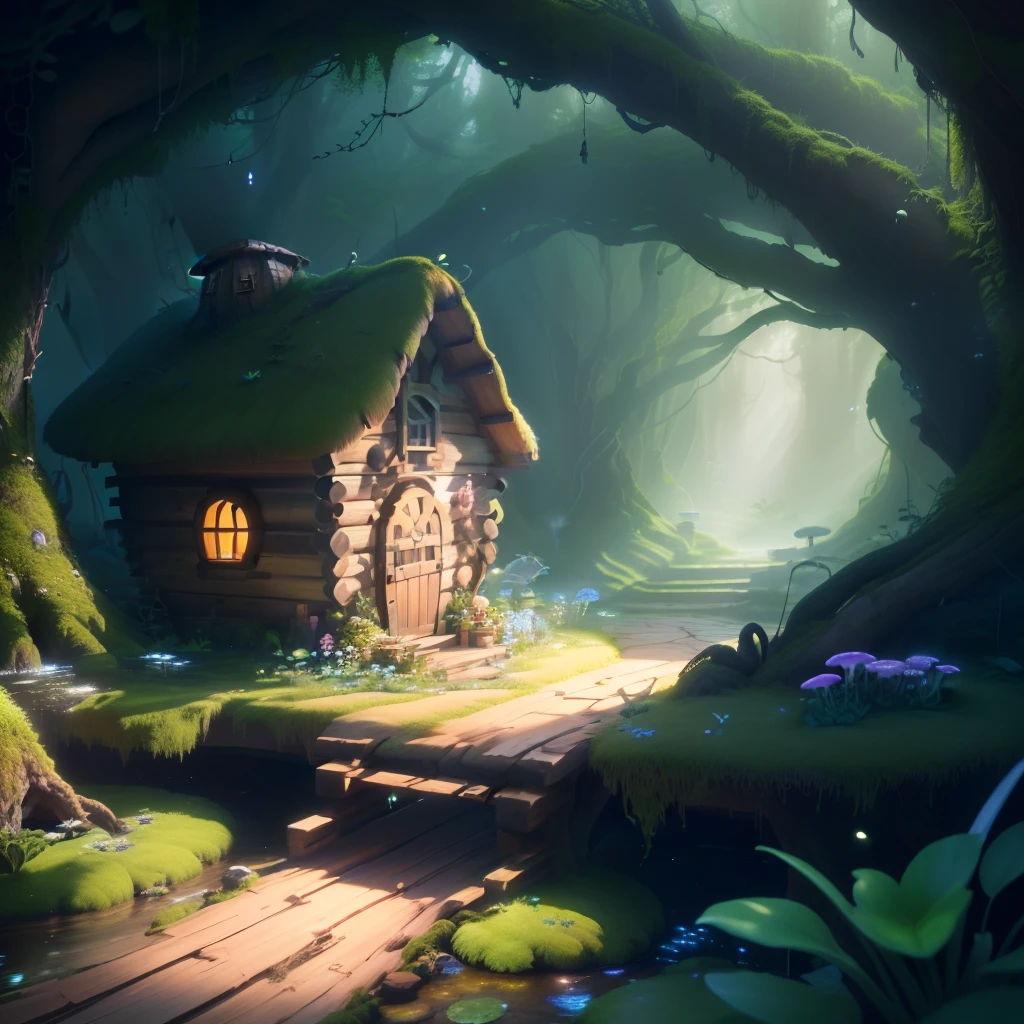 masterpiece, bestquality, (extremely detailed cg unity 8k wallpaper), (bestquality), (best illustration), (best shadows),（ A mushroom house covered with moss）,（dew）,（timbo）,（creek）,firefly,clover,wtarlight surrounds the room，petal, isometric 3D, octanerender,ray tracing,ultra-detail，