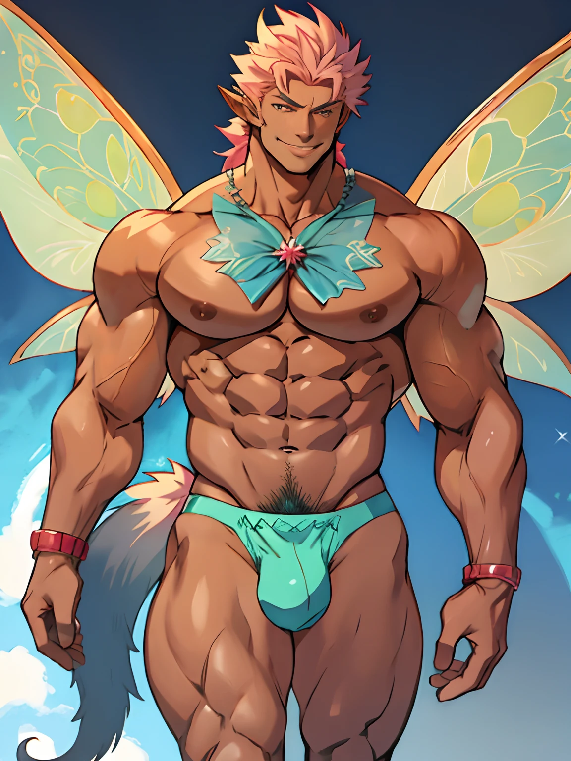 (anime style art) extremely masculine muscular character, bodybuilder, huge bulge, sexy, smirk, erotic, 8 pack abs, underwear model, tail, fairy wings, runway