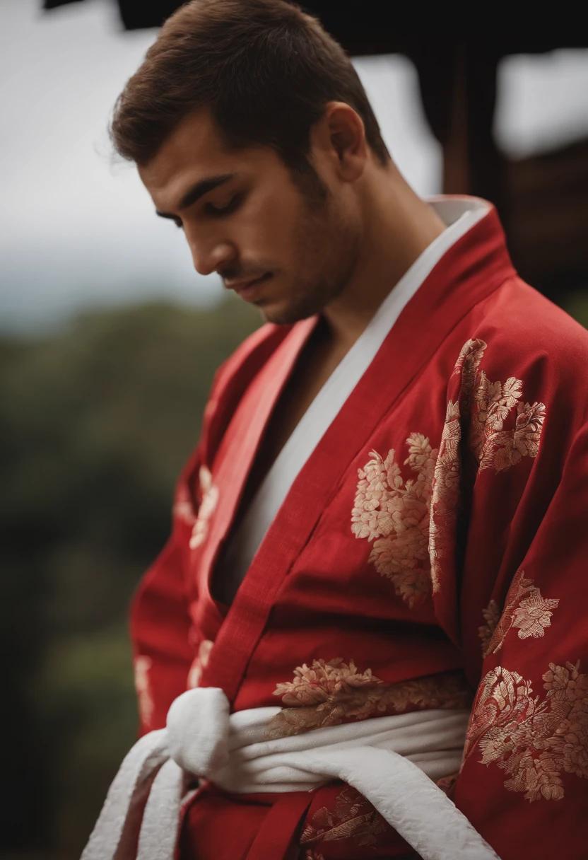 menino, gordo, branco, cabelo vermelho, usando kimono, luta, judo