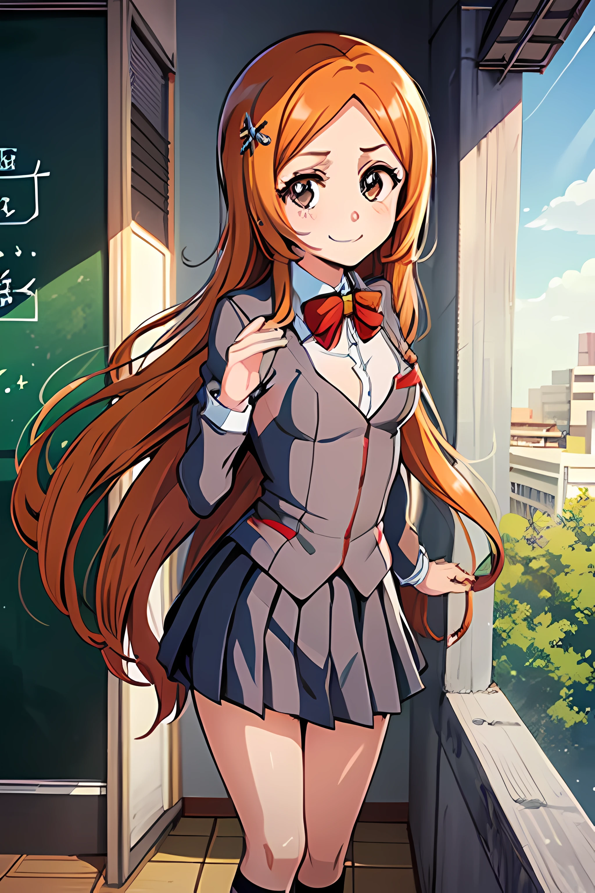 ((kids, flat chested, cute, loli, petite)), masterpiece, best quality, Inoueschool, 1girl, cute, solo, orihime, standing, looking at viewer, long hair, gray eyes, Hair between the face,slight smile, classroom background,backbord, portrait